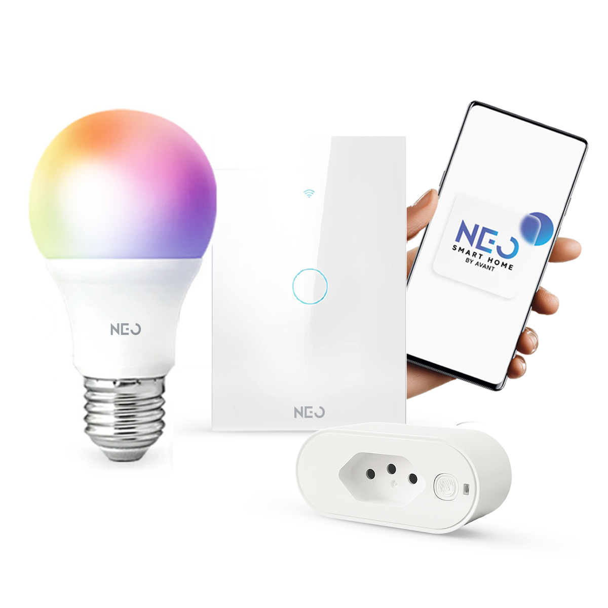 Kit Automação Lâmpada RGB 15w Interruptor 1 botão Tomada Inteligente Branco Wi-Fi 4x2 Bivolt Neo Avant - NEO Avant