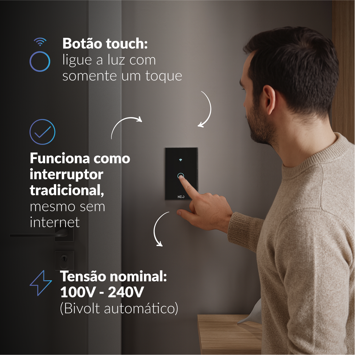 Interruptor Inteligente Smart Wi-Fi 1 Botão 4x2 Bivolt Preto Neo Avant