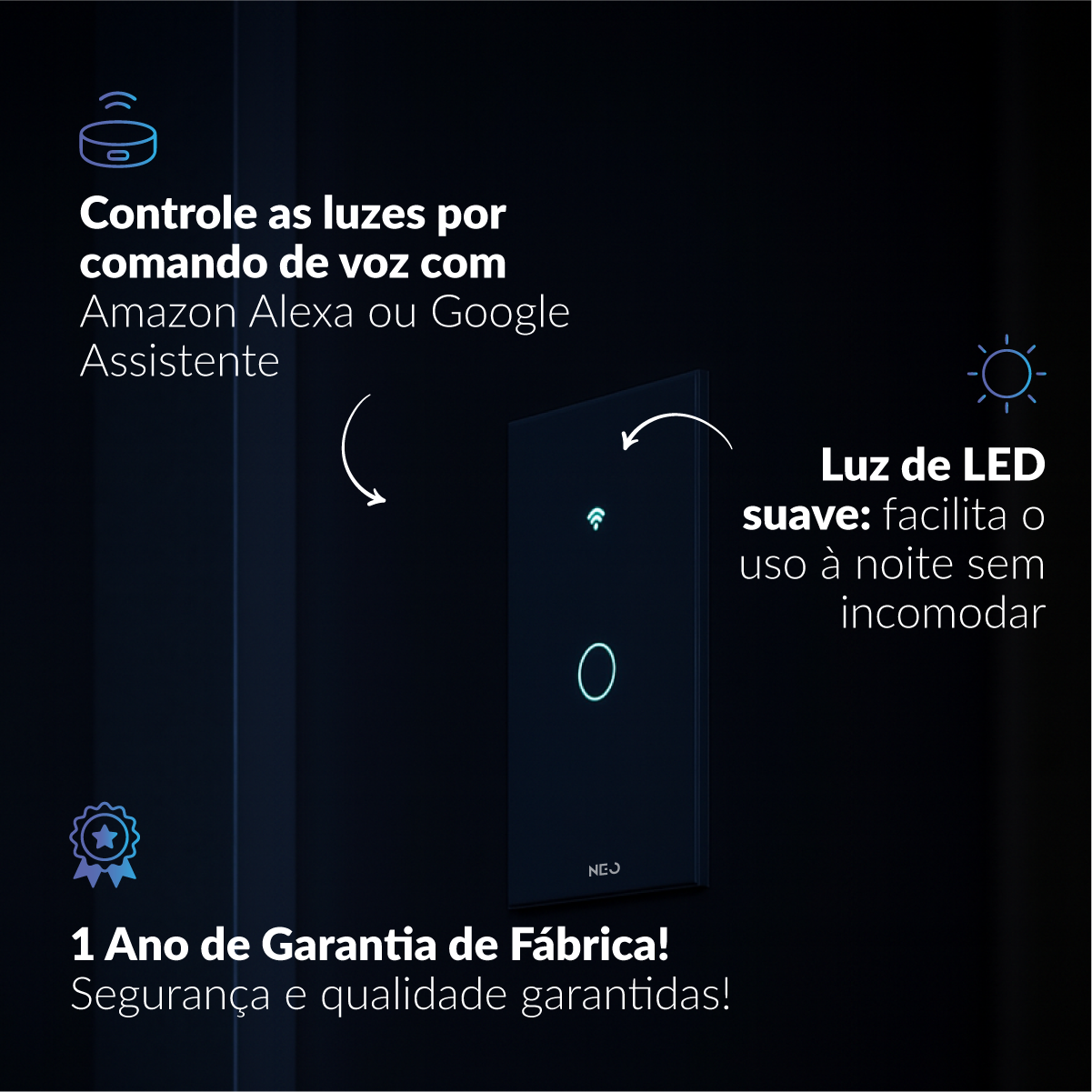 Interruptor Inteligente Smart Wi-Fi 1 Botão 4x2 Bivolt Preto Neo Avant