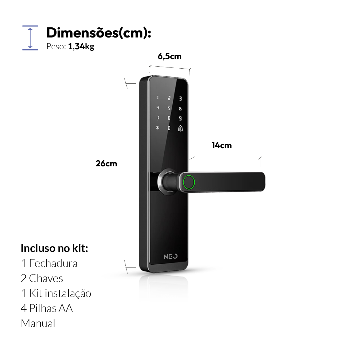 Fechadura Digital Inteligente Stark Handle Embutir Biometria Wifi Preto Neo