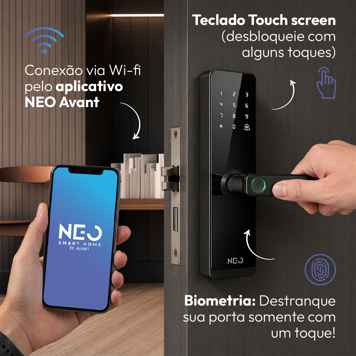 Fechadura Digital Inteligente Stark Handle Embutir Biometria Wifi Preto Neo