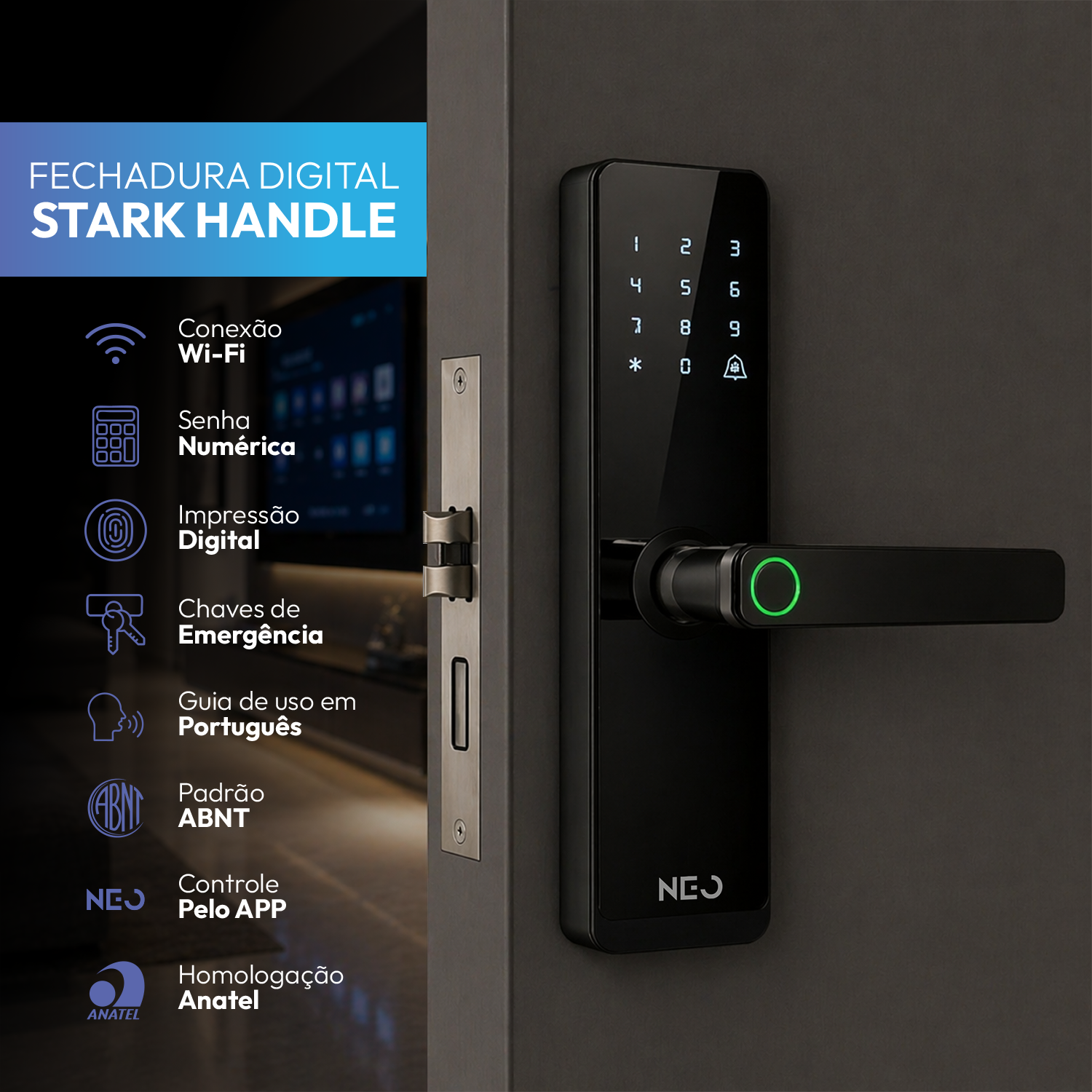 Fechadura Digital Inteligente Stark Handle Embutir Biometria Wifi Preto Neo
