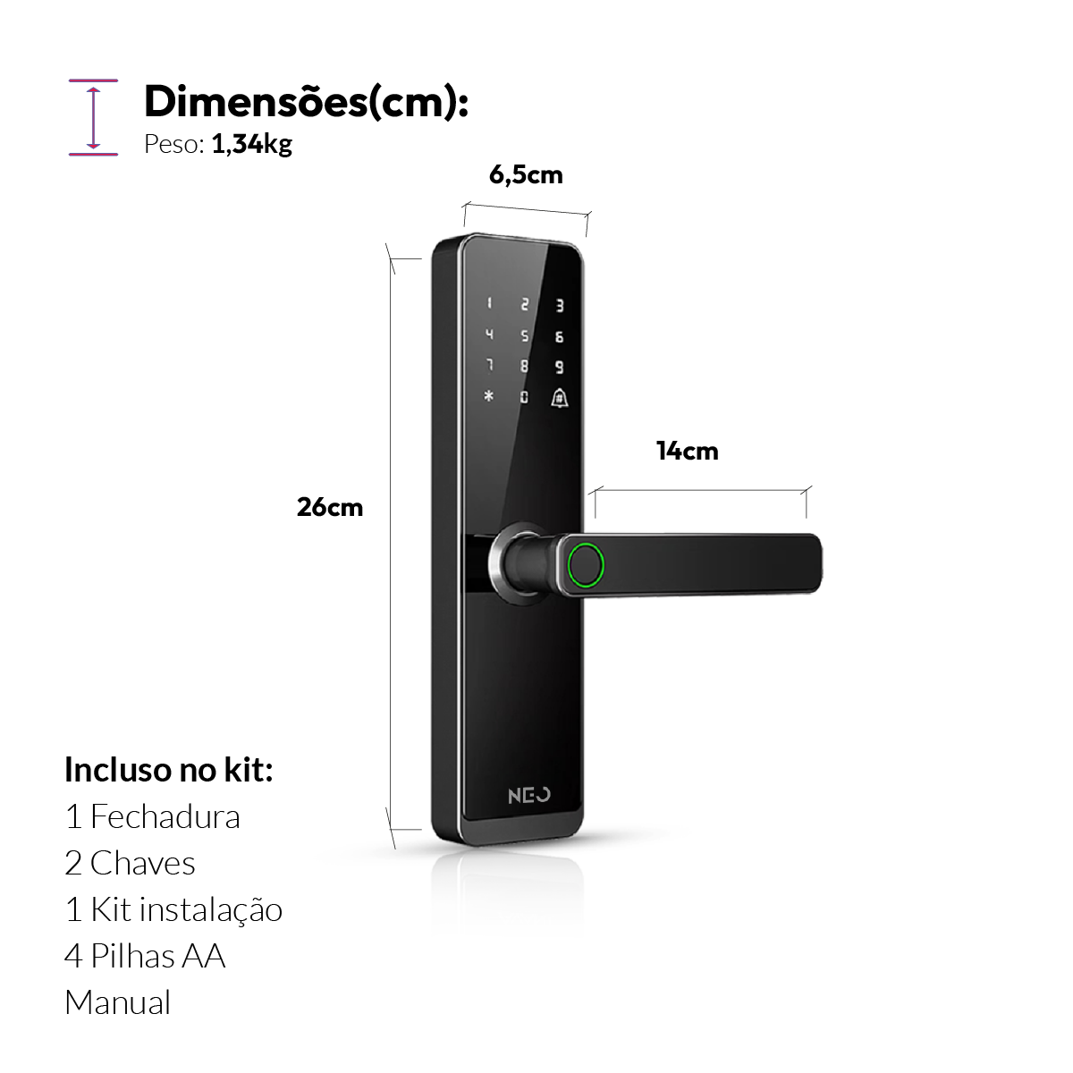 Fechadura Digital Inteligente Stark Handle Embutir Biometria Zigbee Preto Neo