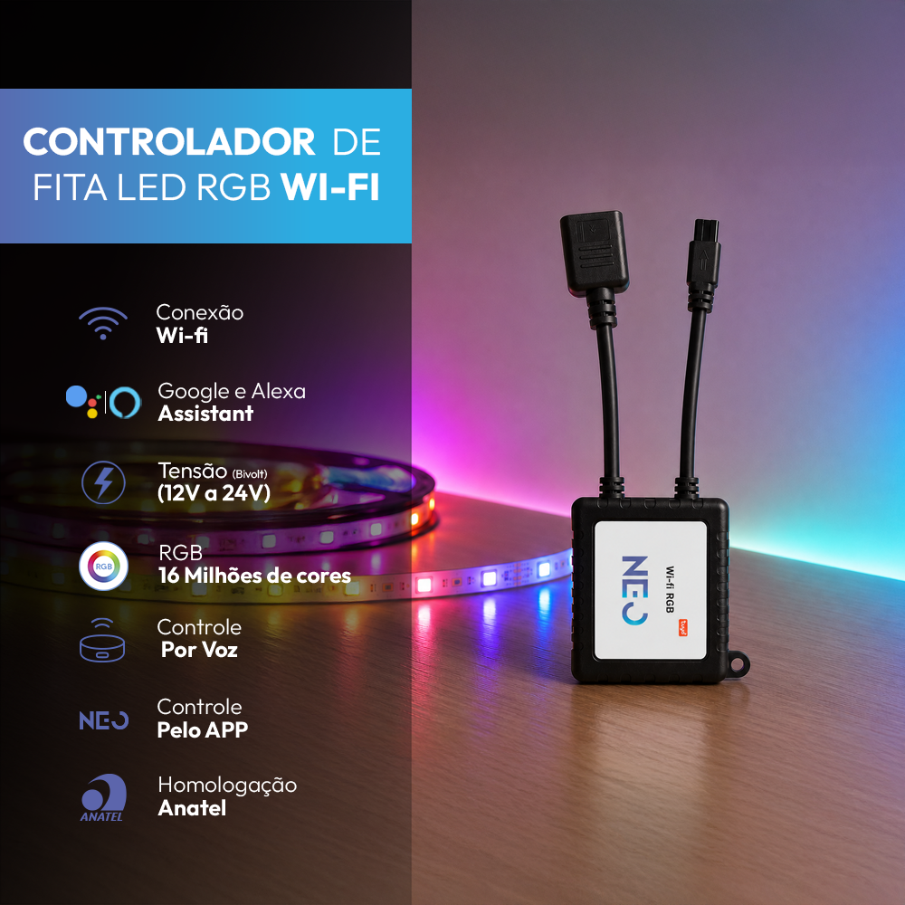Controlador de Fita Led Inteligente Wifi Branco Quente/Frio RGB Colorido Neo