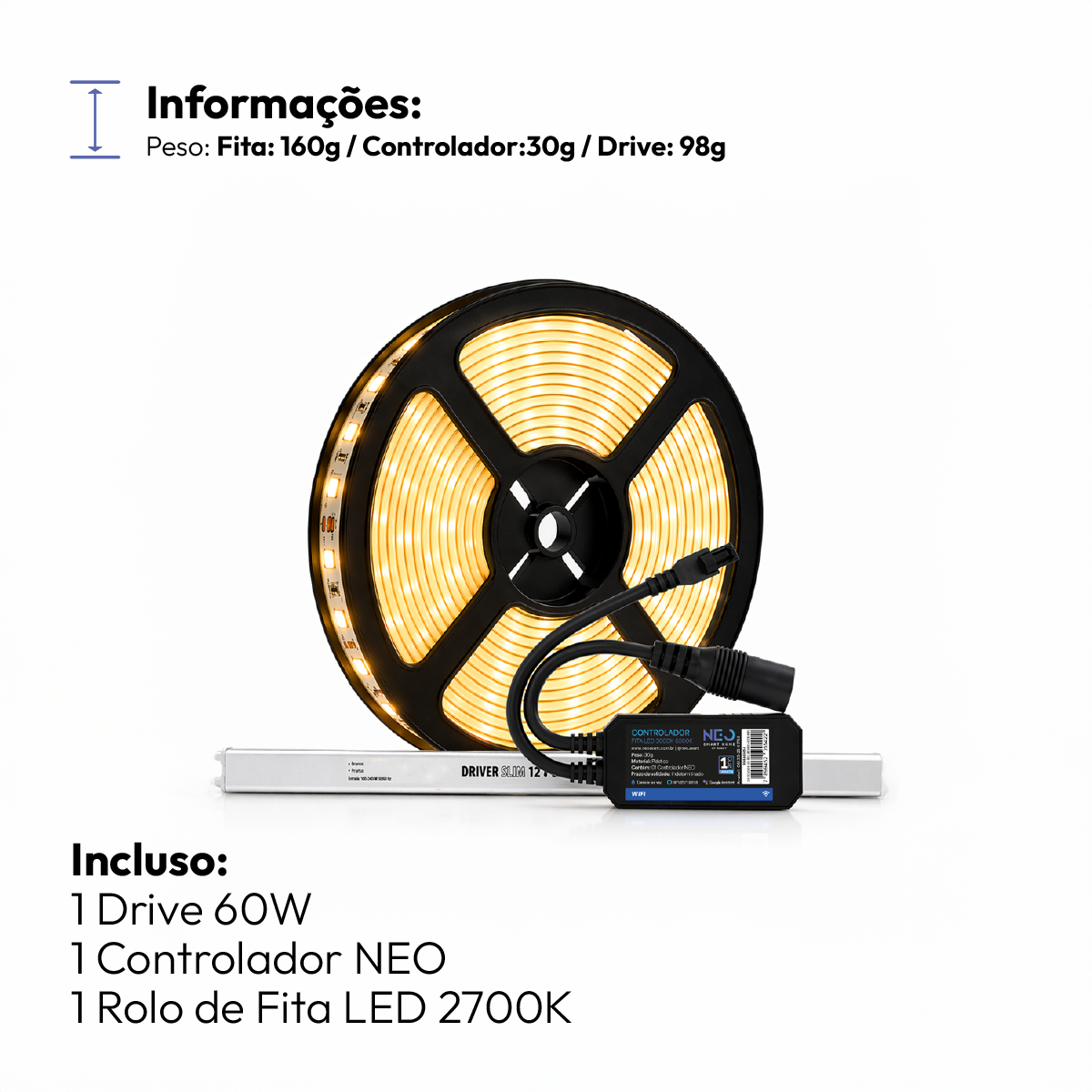 Fita Led Inteligente Wifi 10W 5 Metros 2700K Branco Quente 12v Neo