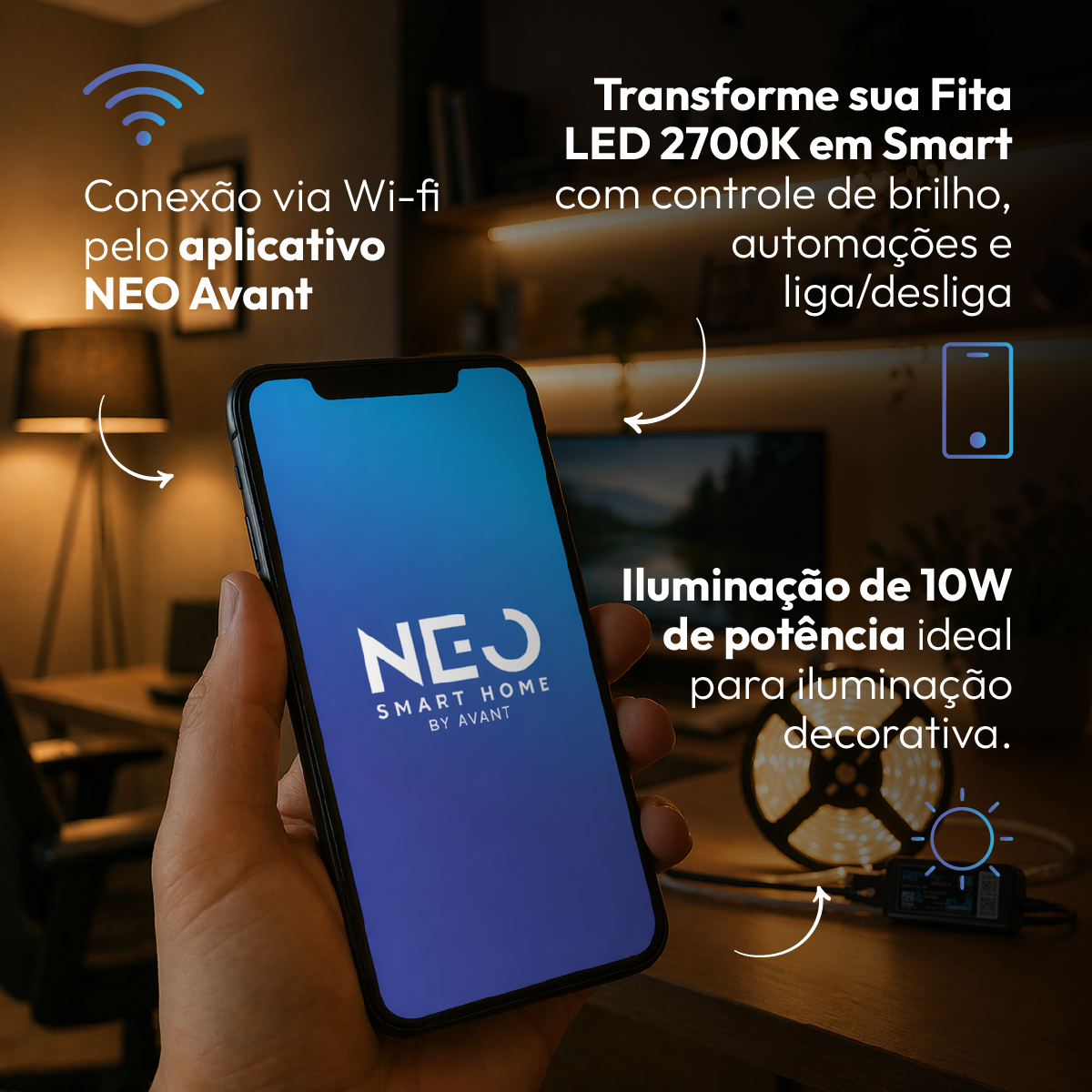 Fita Led Inteligente Wifi 10W 5 Metros 2700K Branco Quente 12v Neo