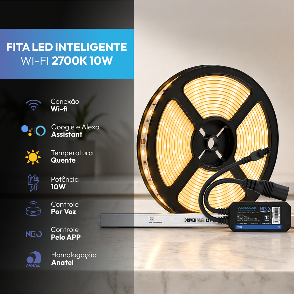 Fita Led Inteligente Wifi 10W 5 Metros 2700K Branco Quente 12v Neo