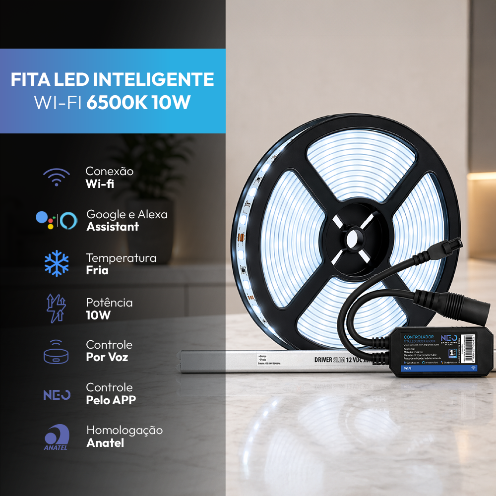 Fita Led Inteligente Wifi 10W 5 Metros 6500K Branco Frio 12v Neo