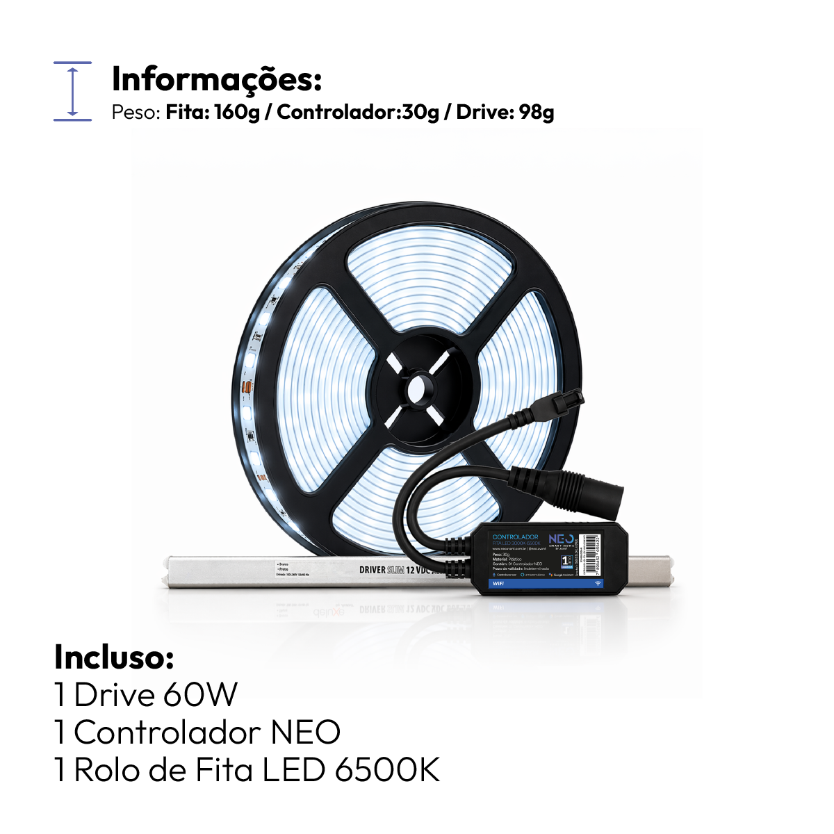 Fita Led Inteligente Wifi 10W 5 Metros 6500K Branco Frio 12v Neo