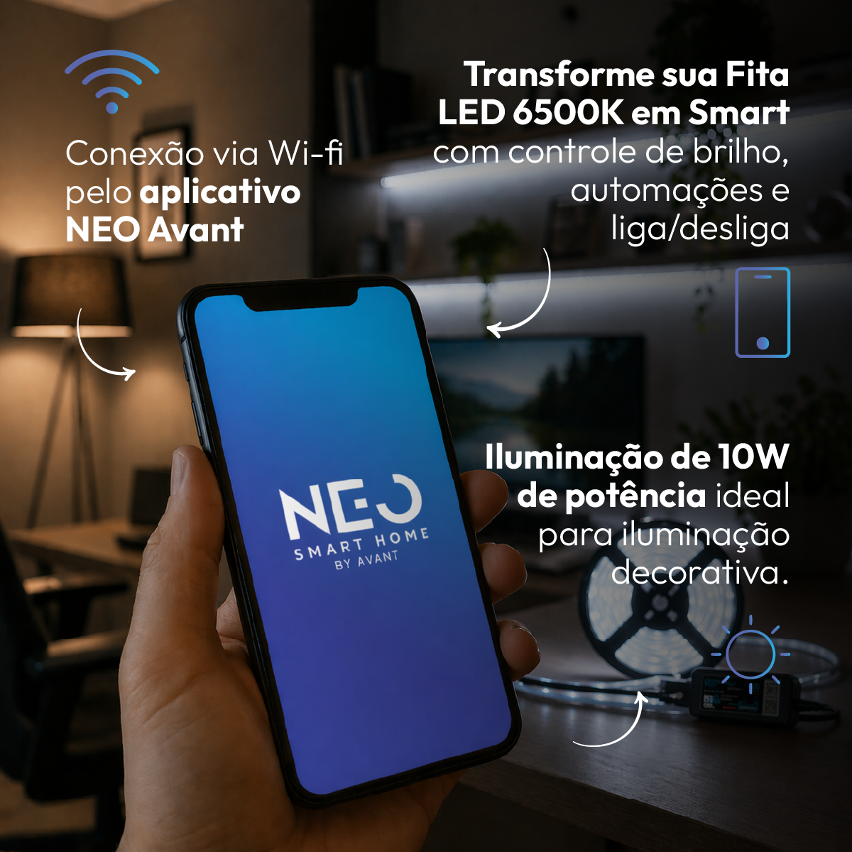 Fita Led Inteligente Wifi 10W 5 Metros 6500K Branco Frio 12v Neo