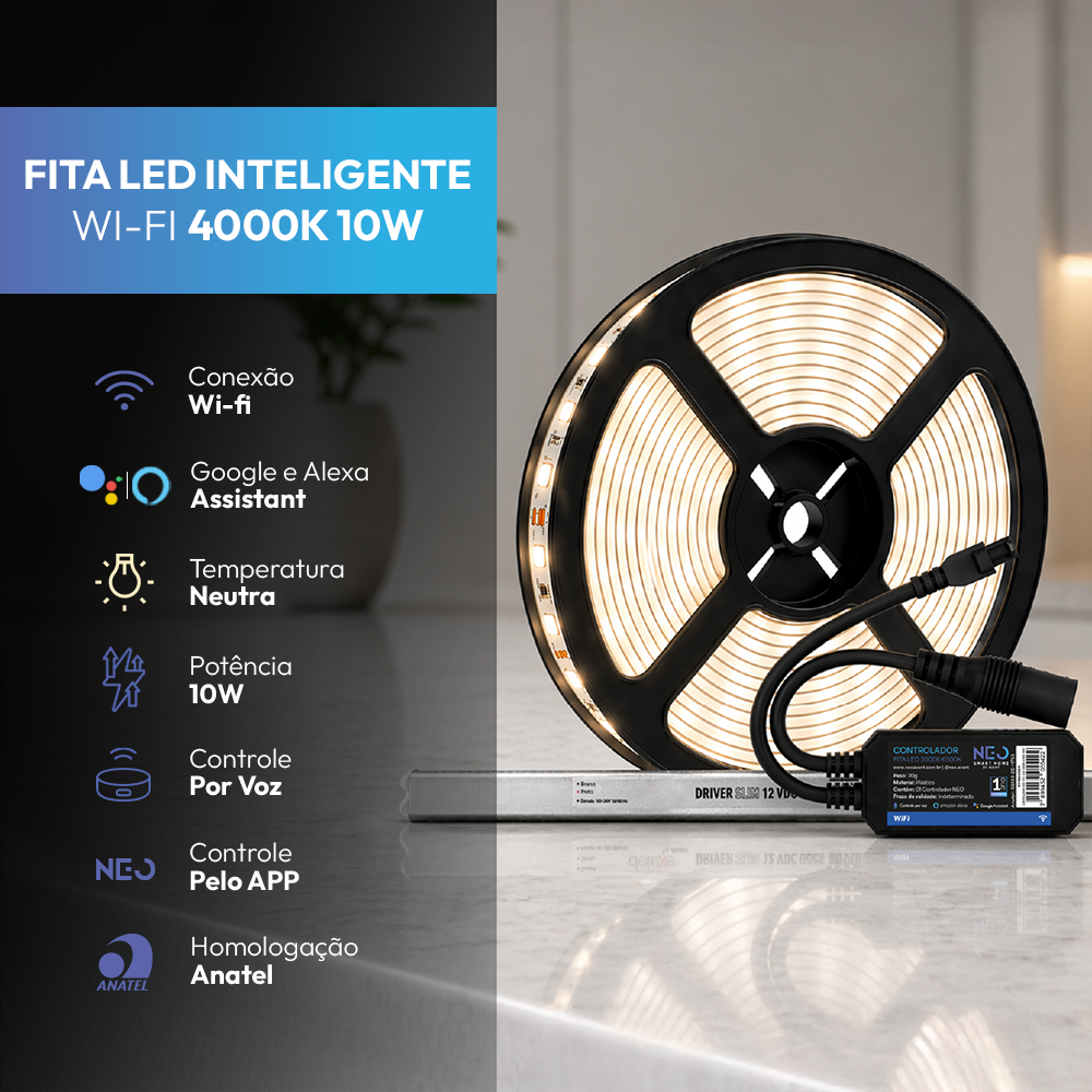 Fita Led Inteligente Wifi 10W 5 Metros 4000K Branco Neutro 12v Neo
