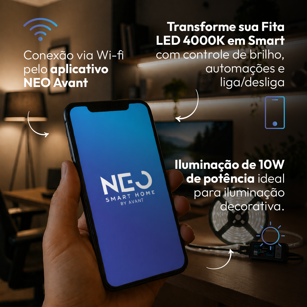 Fita Led Inteligente Wifi 10W 5 Metros 4000K Branco Neutro 12v Neo