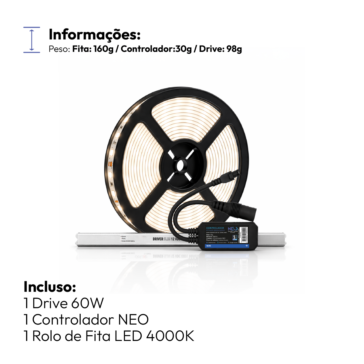 Fita Led Inteligente Wifi 10W 5 Metros 4000K Branco Neutro 12v Neo