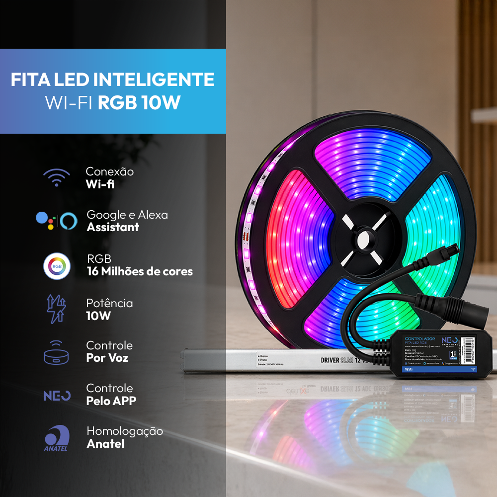 Fita Led Inteligente Wifi 10w 5 Metros Branco Quente/Frio RGB Colorido 12v Neo