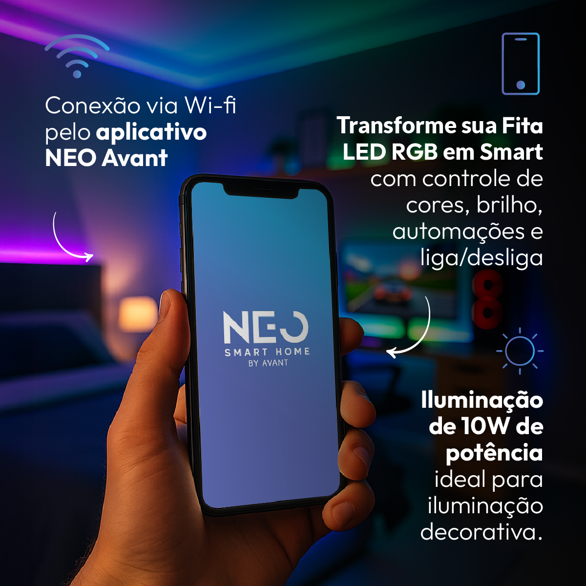 Fita Led Inteligente Wifi 10w 5 Metros Branco Quente/Frio RGB Colorido 12v Neo