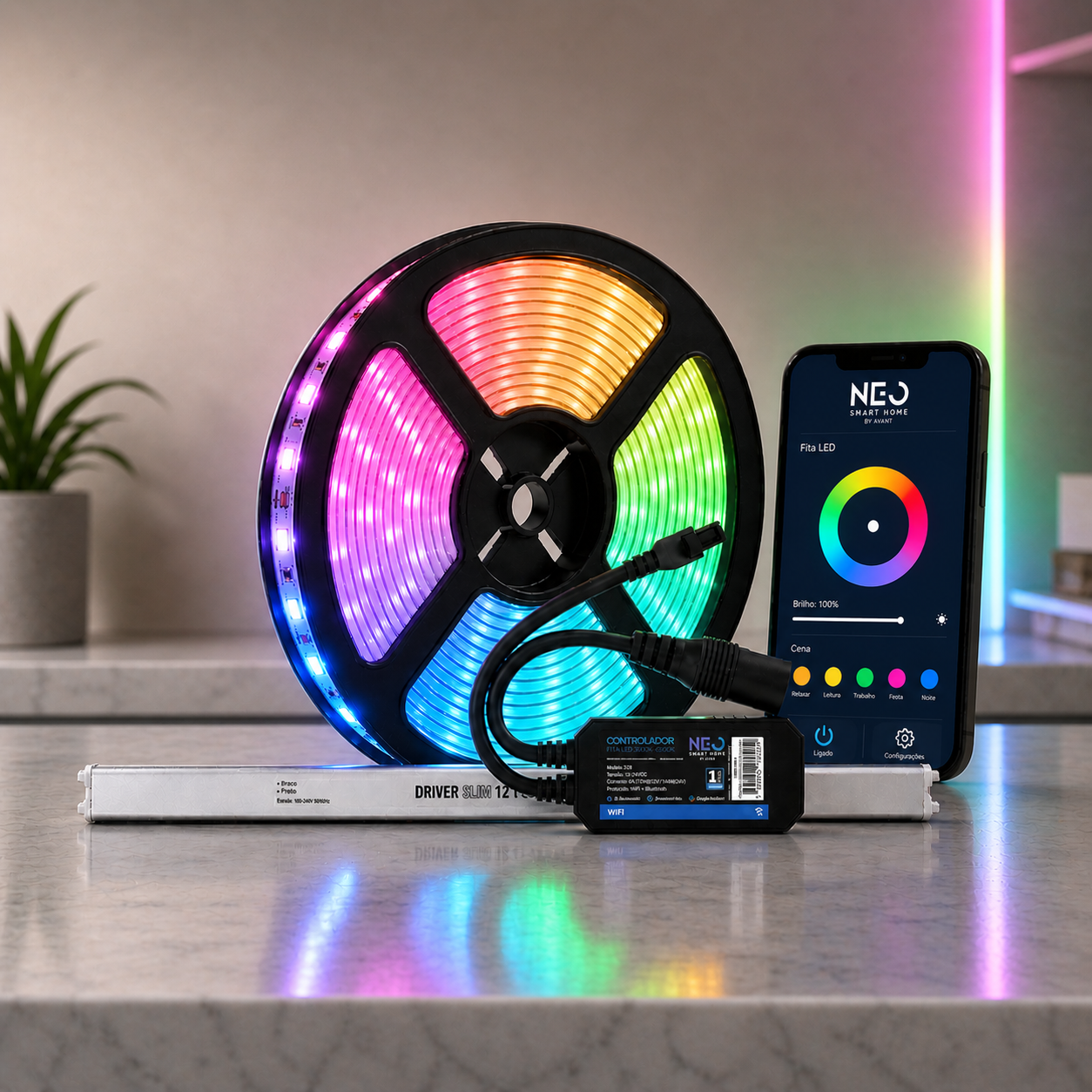 Fita Led Inteligente Wifi 10w 5 Metros Branco Quente/Frio RGB Colorido 12v Neo