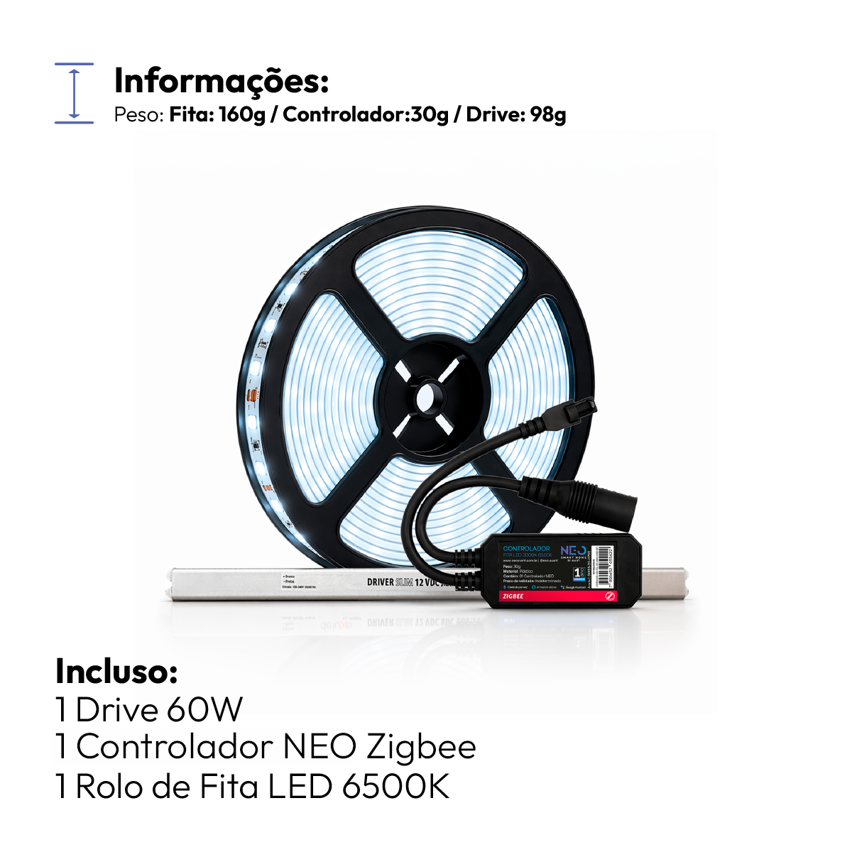 Fita Led Inteligente Zigbee 10w 5 Metros 6500k Branco Frio 12v Neo
