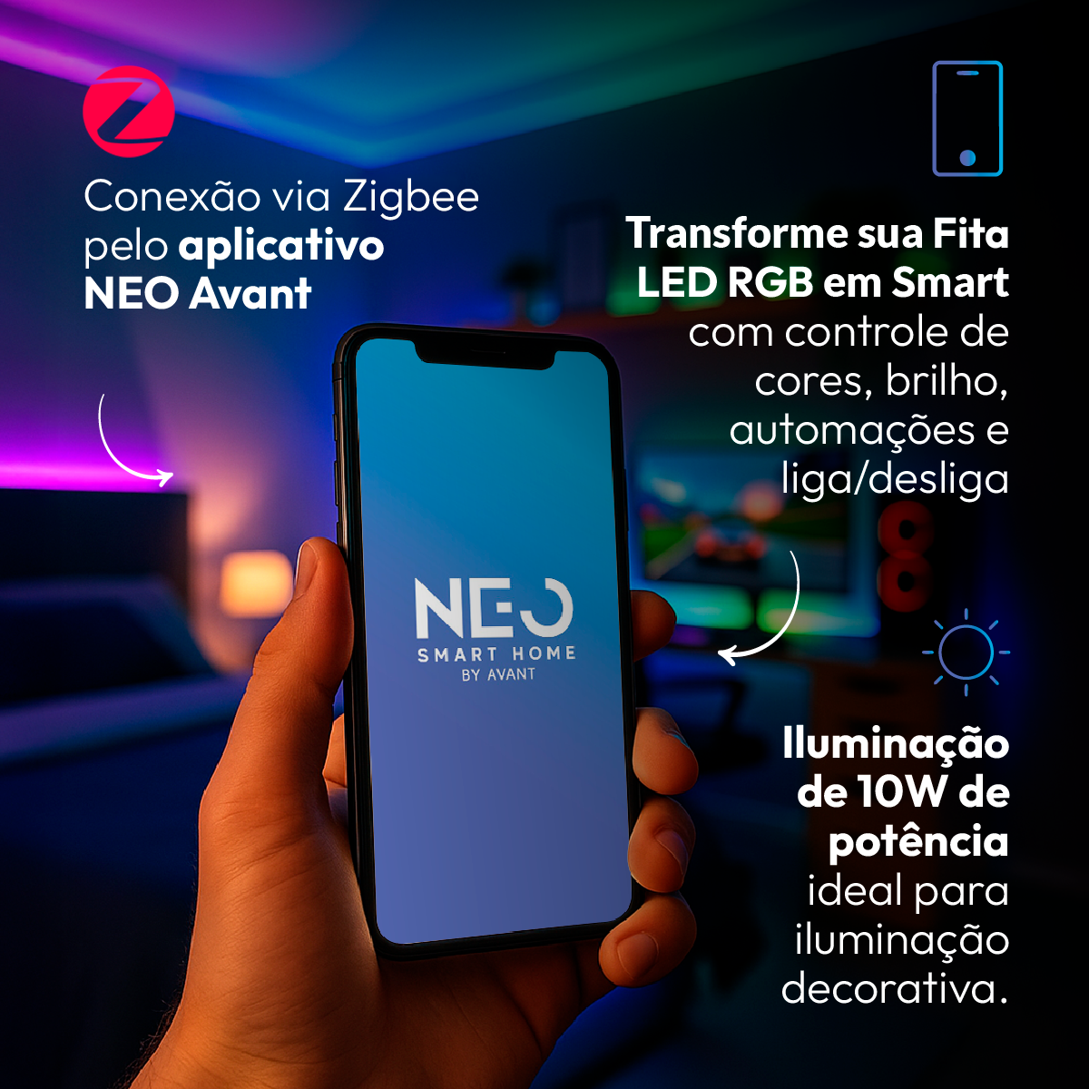 Fita Led Inteligente Zigbee 10w 5 Metros Branco Quente/Frio RGB Colorido 12v Neo