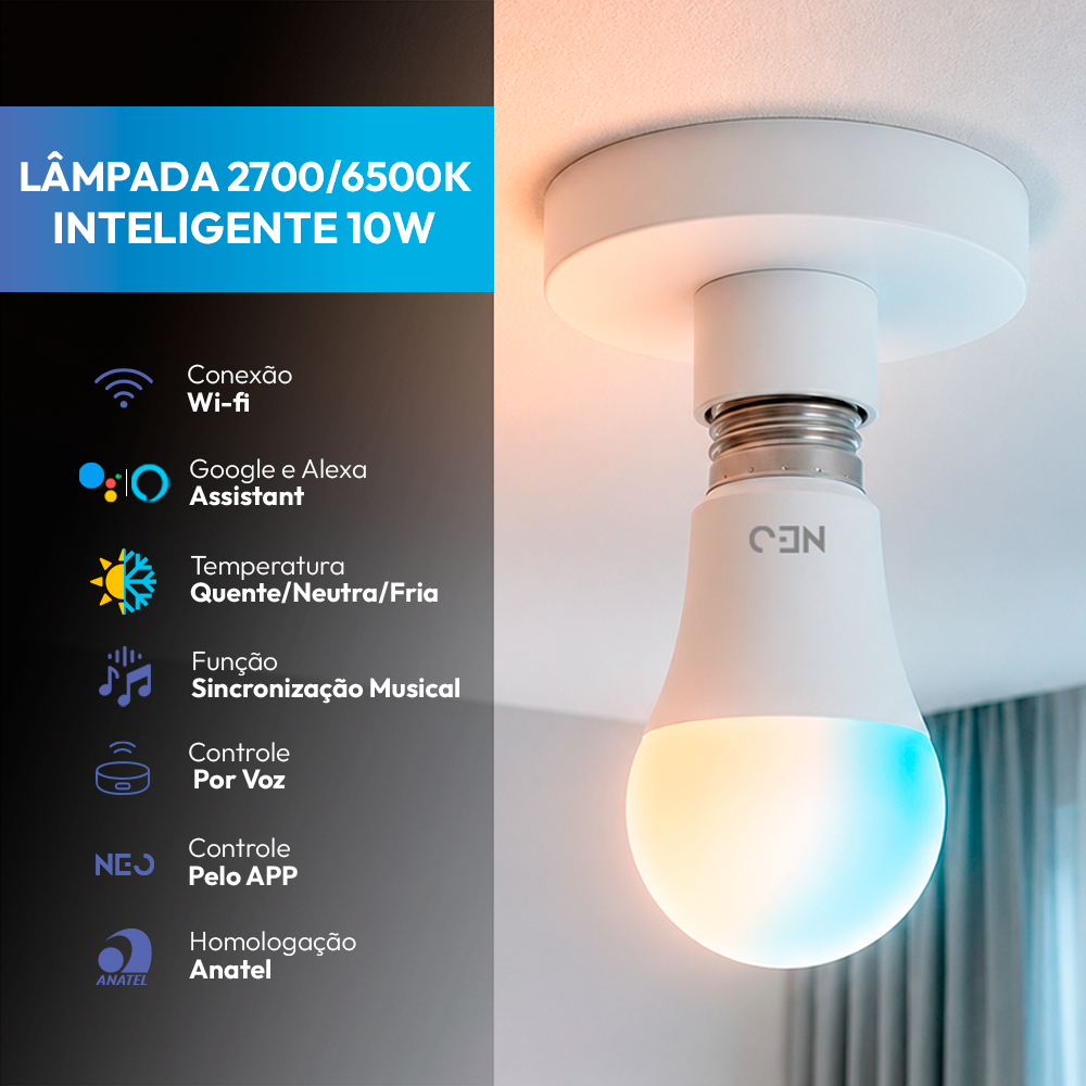 Lâmpada Led Pera Inteligente Wifi 10W Dimerizável Branco Quente a Frio E27 Bivolt Neo