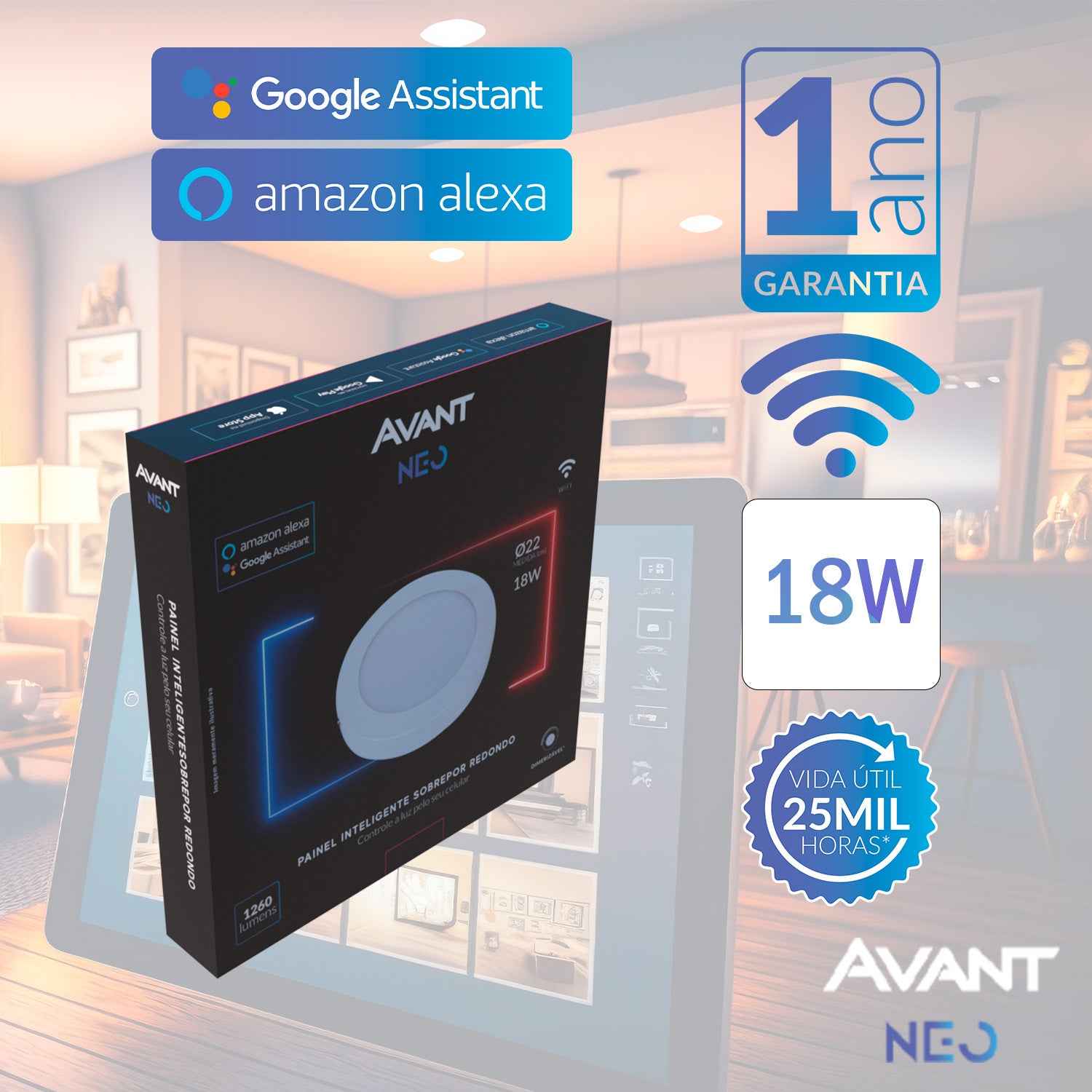 Painel LED Plafon Inteligente de Sobrepor Redondo 18W Dimerizável 22cm Bivolt Avant Neo