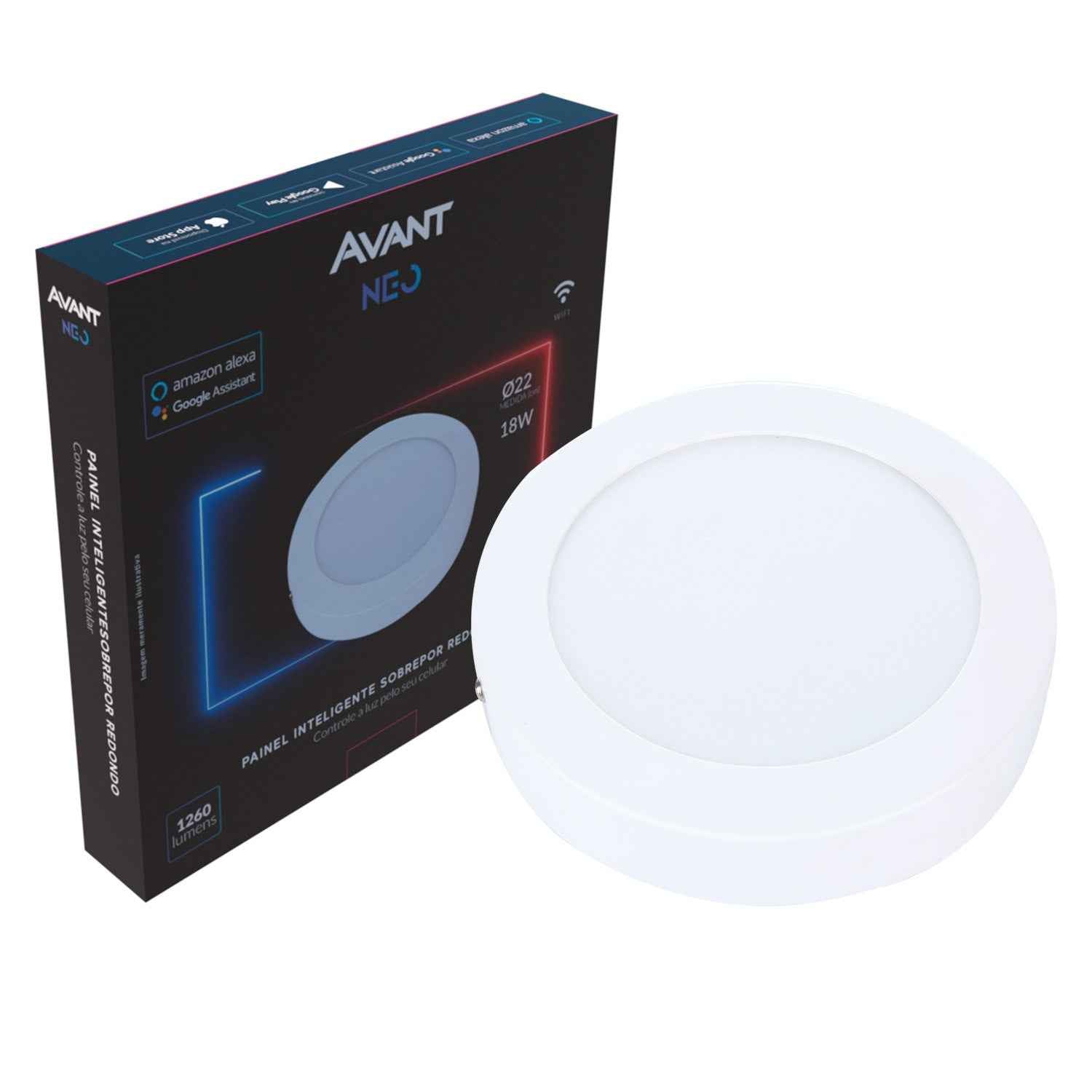 Painel LED Plafon Inteligente de Sobrepor Redondo 18W Dimerizável 22cm Bivolt Avant Neo