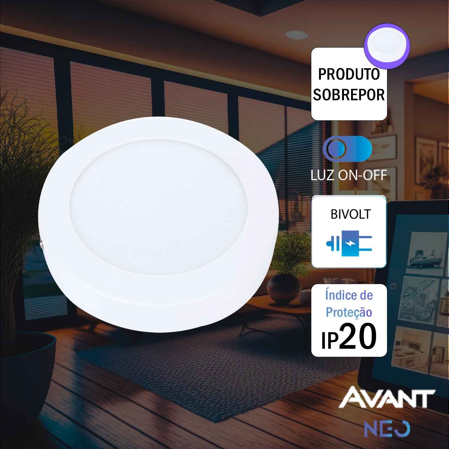 Painel LED Plafon Inteligente de Sobrepor Redondo 24W Dimerizável 30cm Bivolt Avant Neo