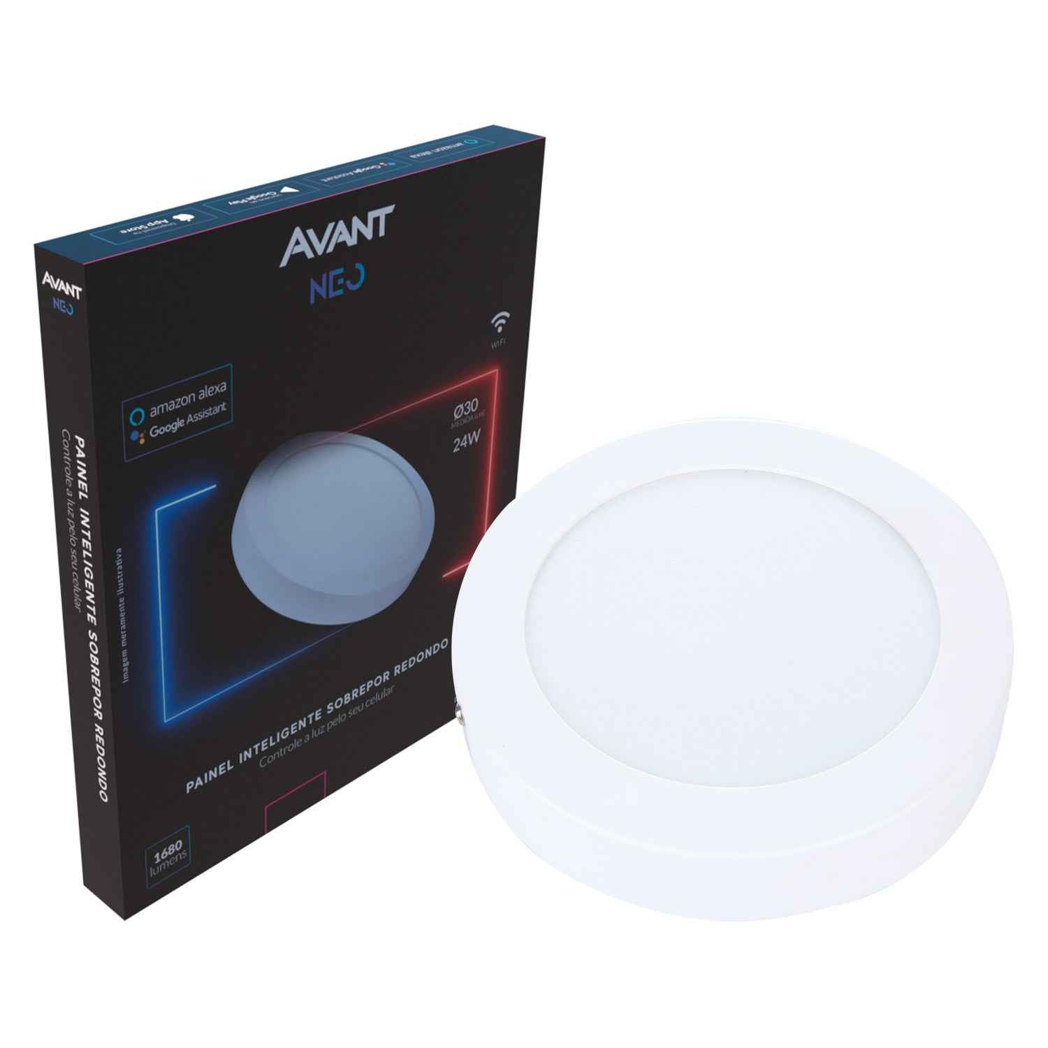 Painel LED Plafon Inteligente de Sobrepor Redondo 24W Dimerizável 30cm Bivolt Avant Neo