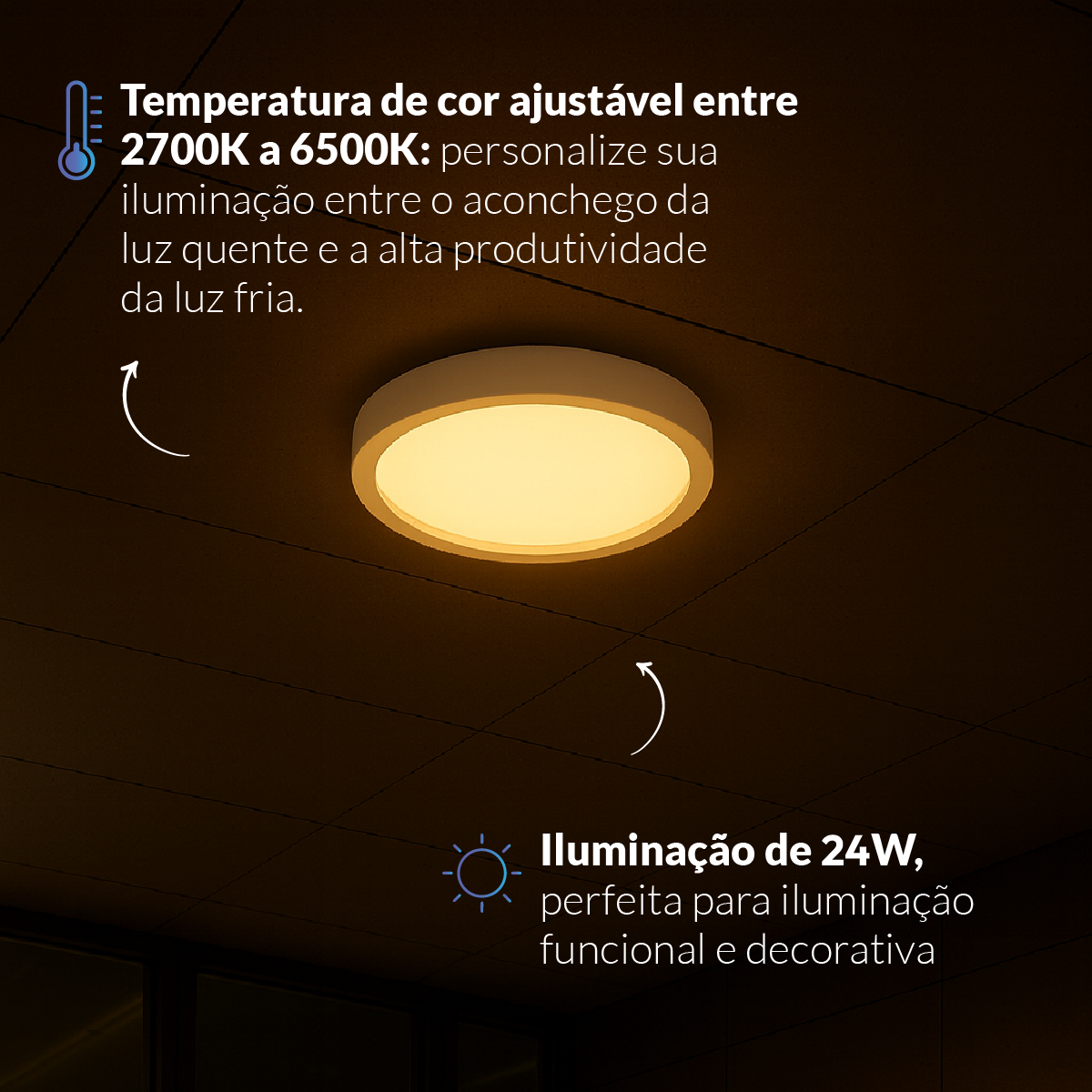 Painel LED Plafon Inteligente de Sobrepor Redondo 24W Dimerizável 30cm Bivolt Neo