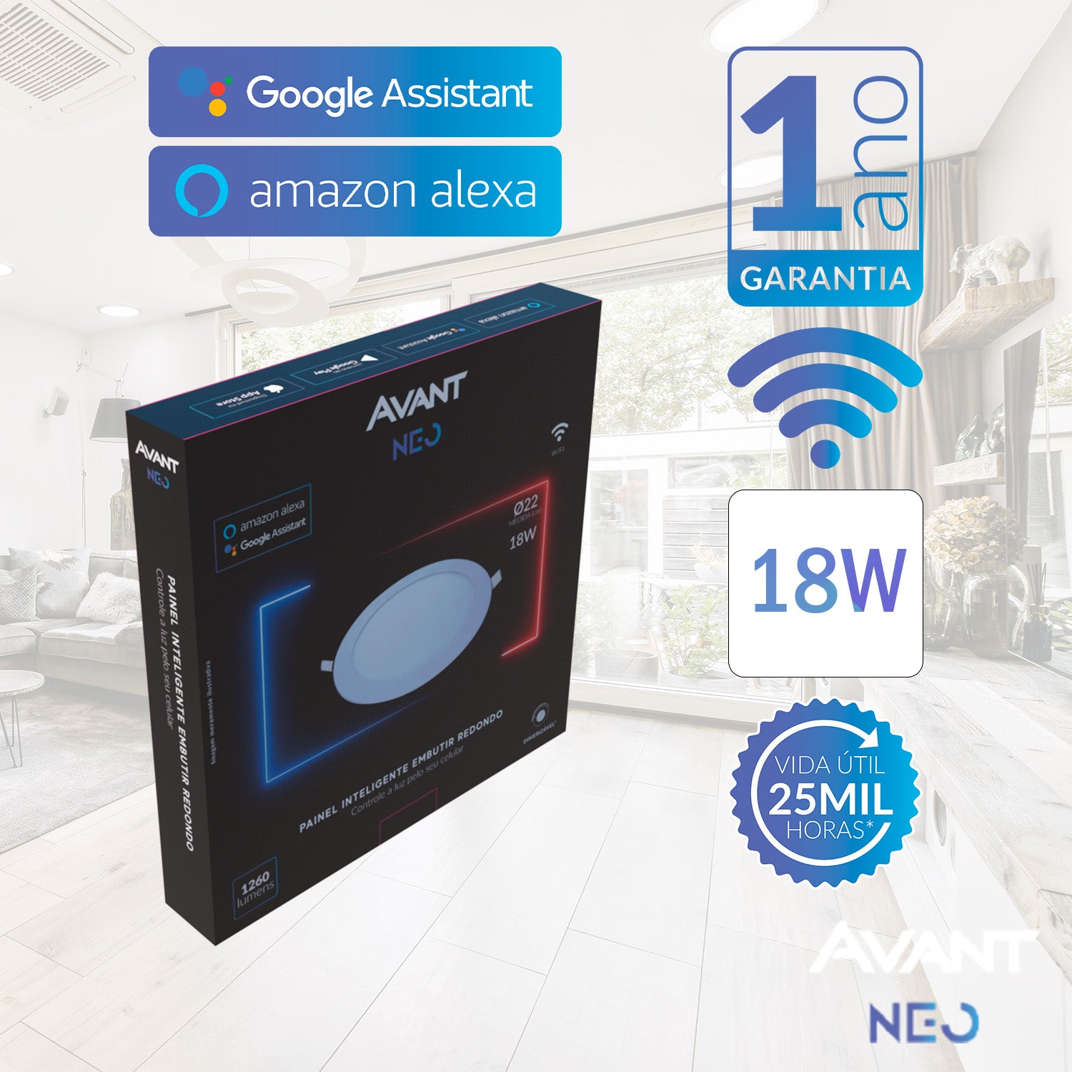 Painel LED Plafon Inteligente de Embutir Redondo 18W Dimerizável 22cm Bivolt Avant Neo