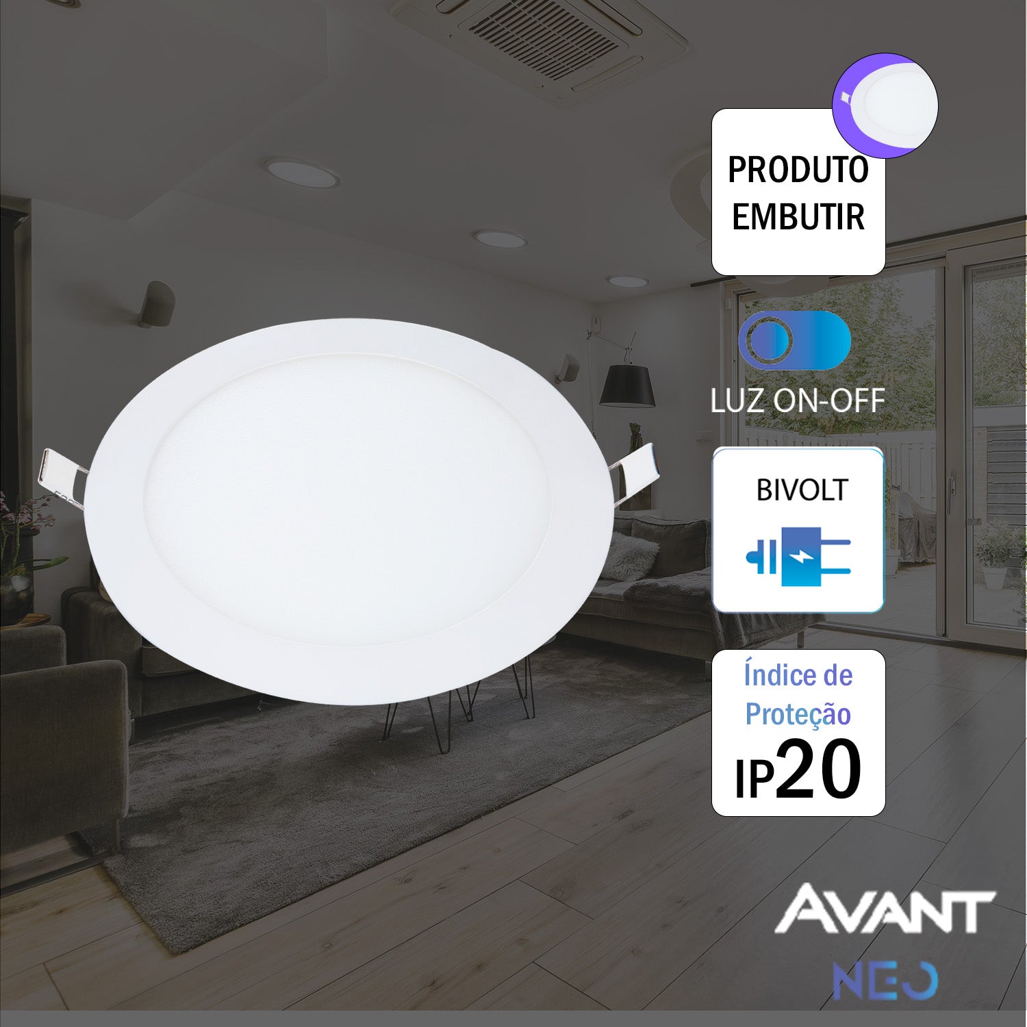 Painel LED Plafon Inteligente de Embutir Redondo 18W Dimerizável 22cm Bivolt Neo