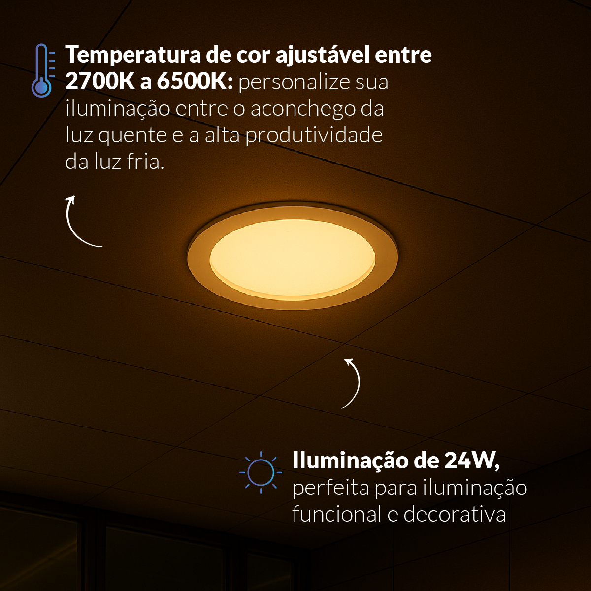 Painel LED Plafon Inteligente de Embutir Redondo 24W Dimerizável 30cm Bivolt Neo