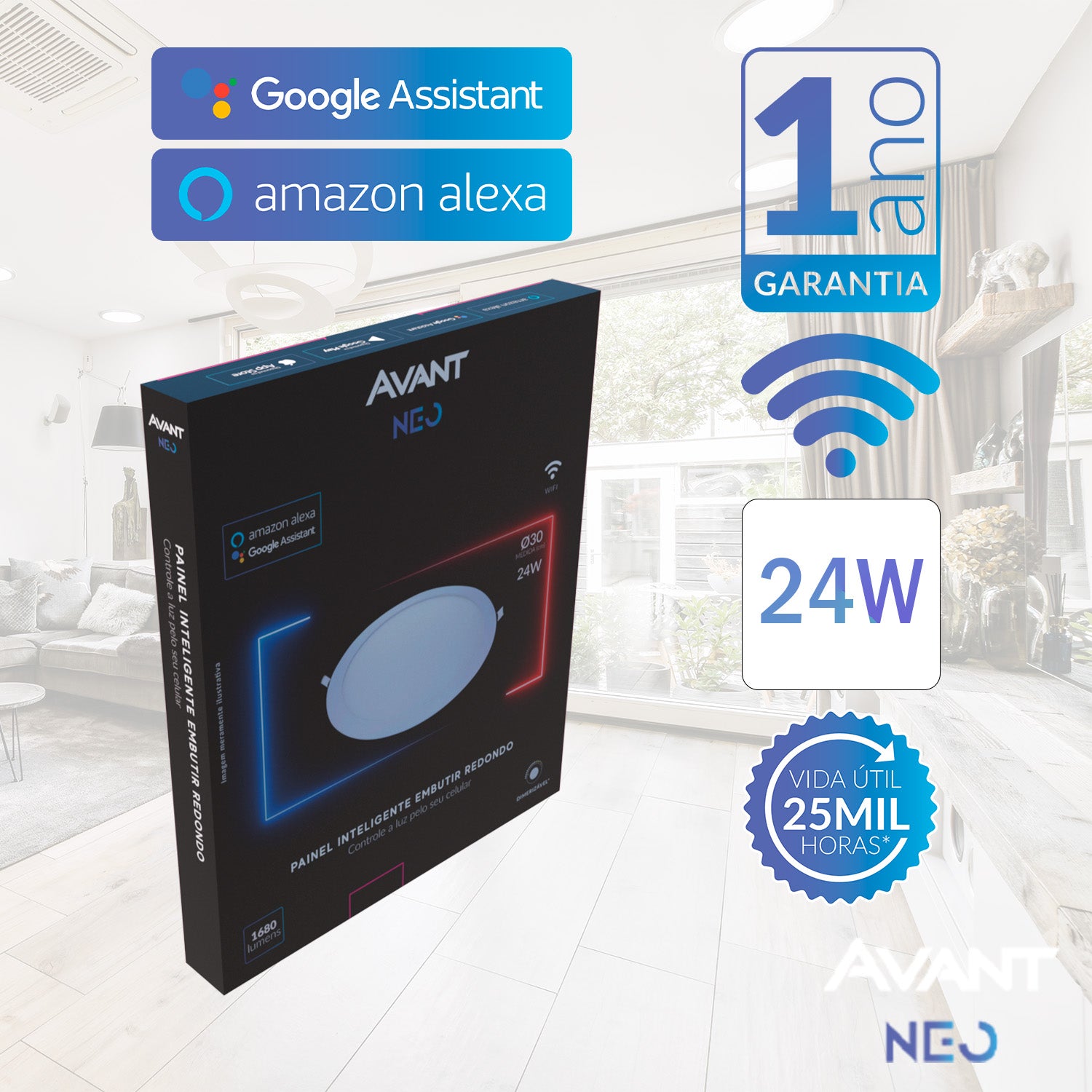 Painel LED Plafon Inteligente de Embutir Redondo 24W Dimerizável 30cm Bivolt Avant Neo