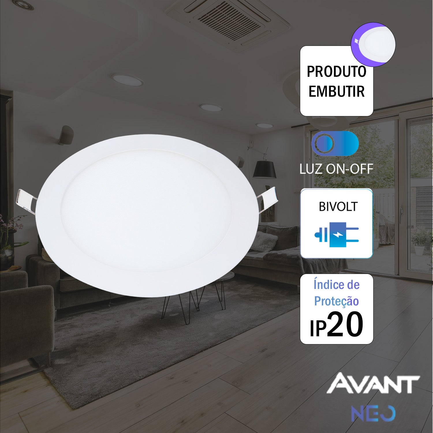Painel LED Plafon Inteligente de Embutir Redondo 24W Dimerizável 30cm Bivolt Avant Neo