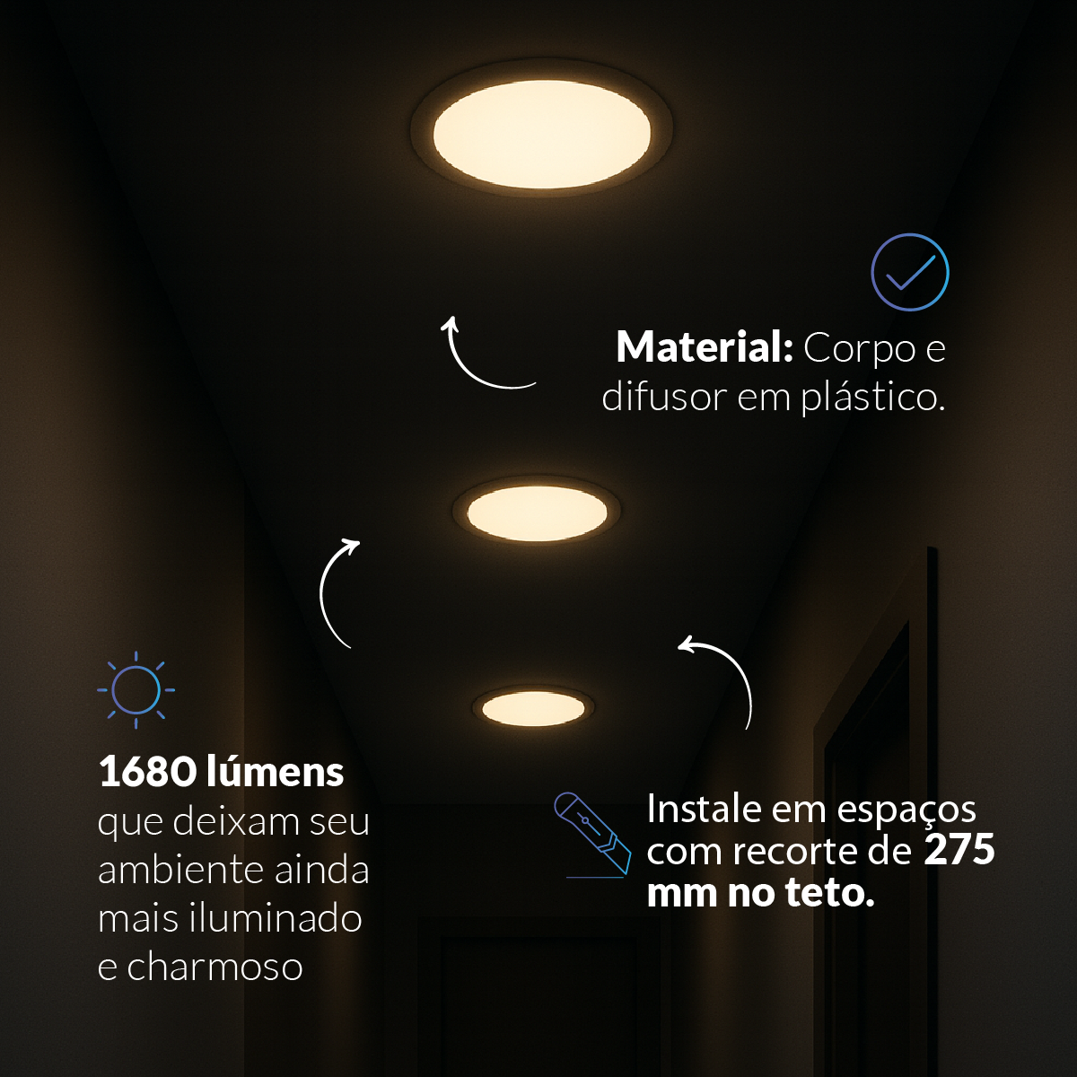 Painel LED Plafon Inteligente de Embutir Redondo 24W Dimerizável 30cm Bivolt Neo