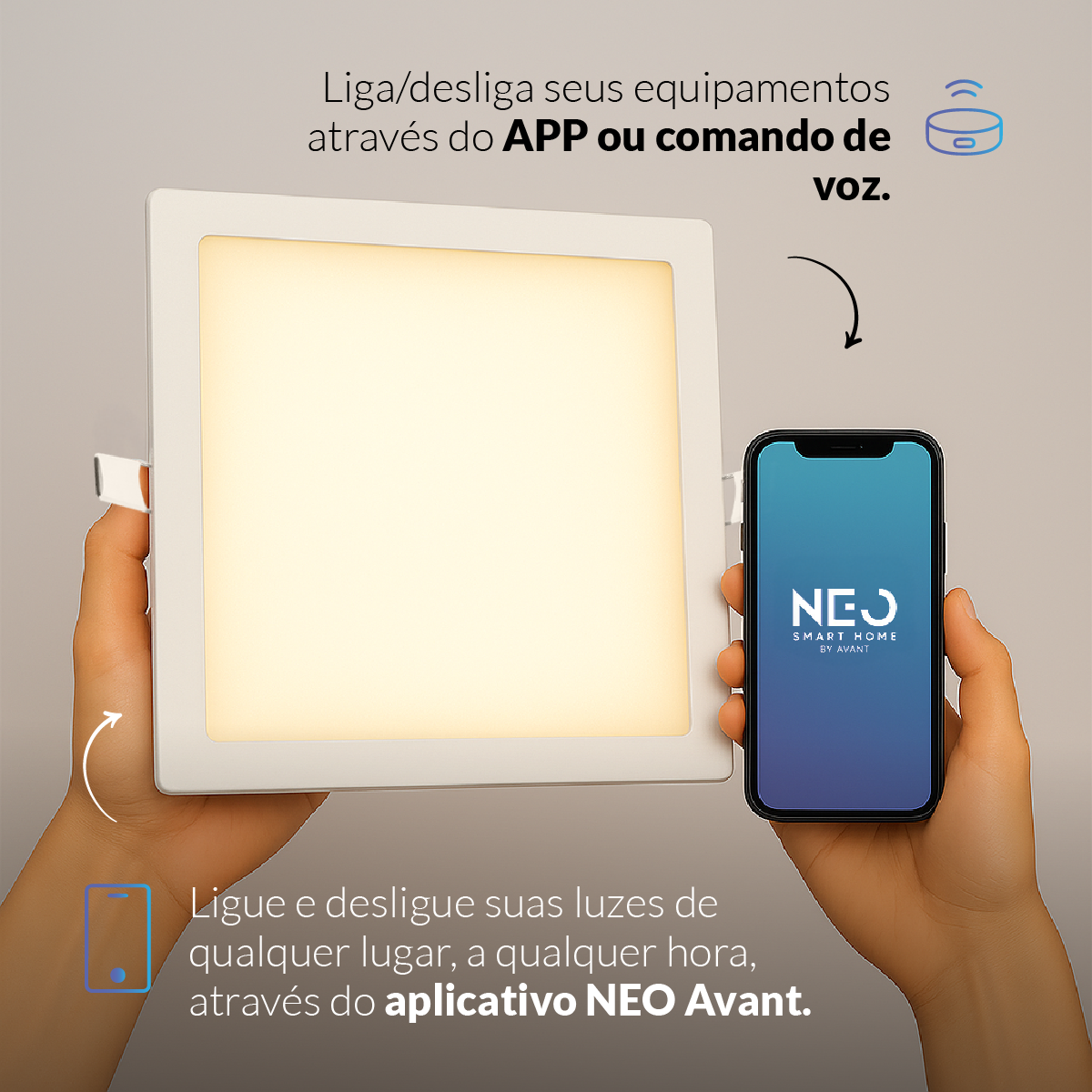 Painel LED Plafon Inteligente de Embutir Quadrado Wifi 18W Dimerizável 22cm Bivolt Neo