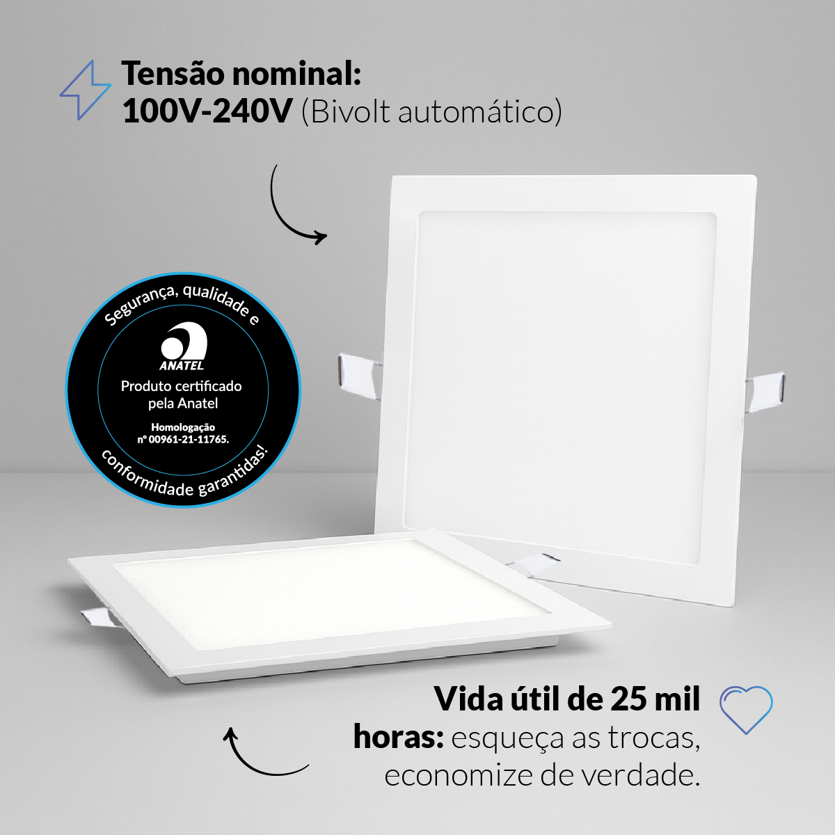 Painel LED Plafon Inteligente de Embutir Quadrado Wifi 18W Dimerizável 22cm Bivolt Neo