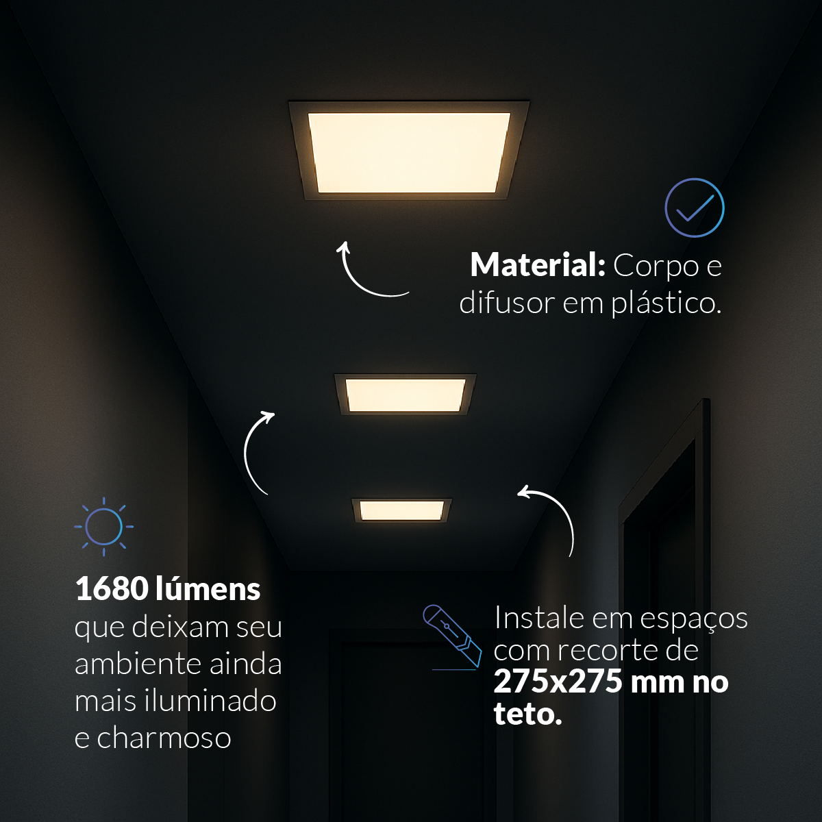 Painel LED Plafon Wifi Inteligente de Embutir Quadrado 24W Dimerizável 30cm Bivolt Neo