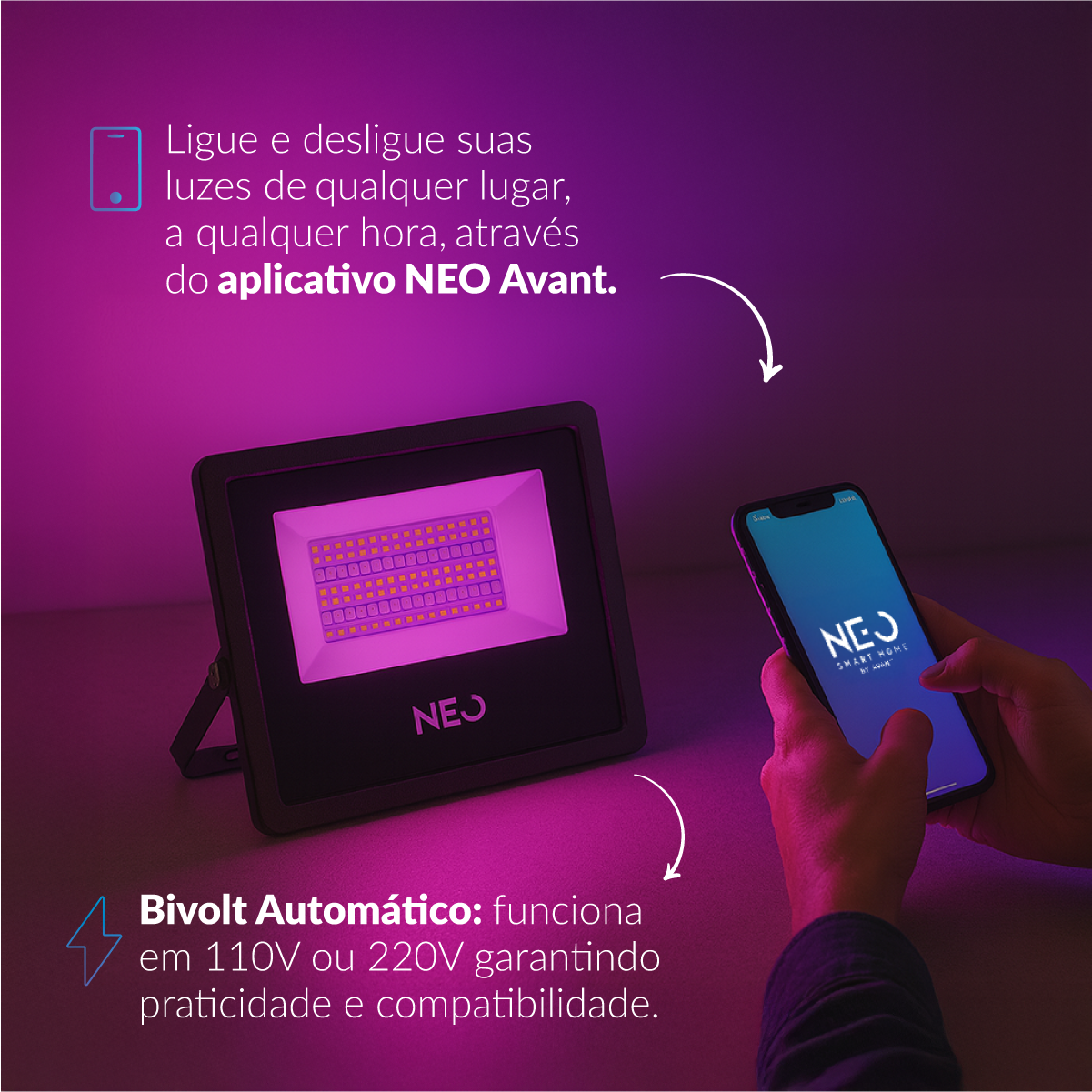 Refletor Inteligente LED Smart Wifi 50W RGB Colorido Bivolt IP65 Preto