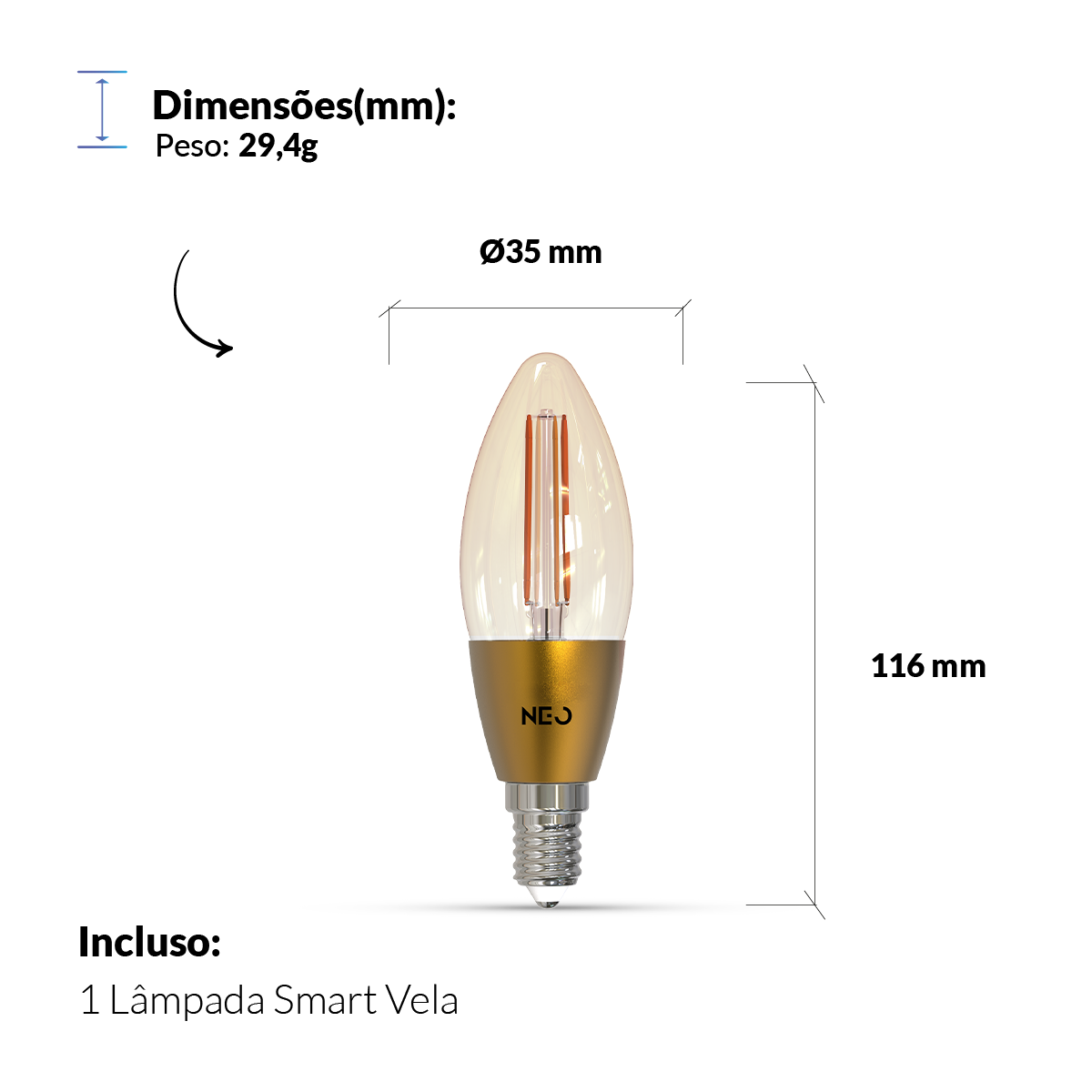 Lâmpada Led Vela Smart 4w 1800K/2700K Dimerizável E14 110v/220v Ip20 Avant Neo