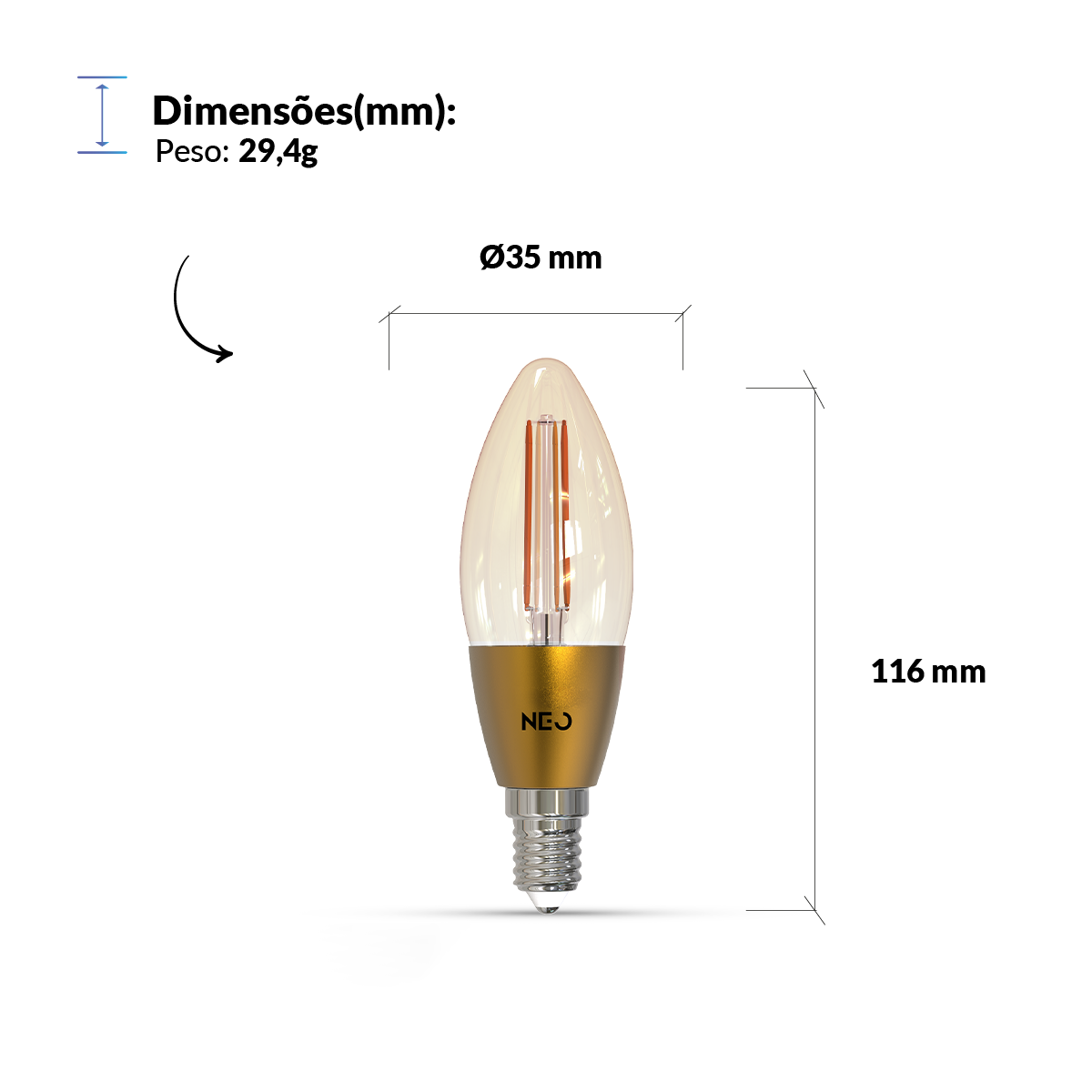 Lâmpada Led Vela Inteligente 4w 1800K/2700K Dimerizável E14 Bivolt IP20 Neo