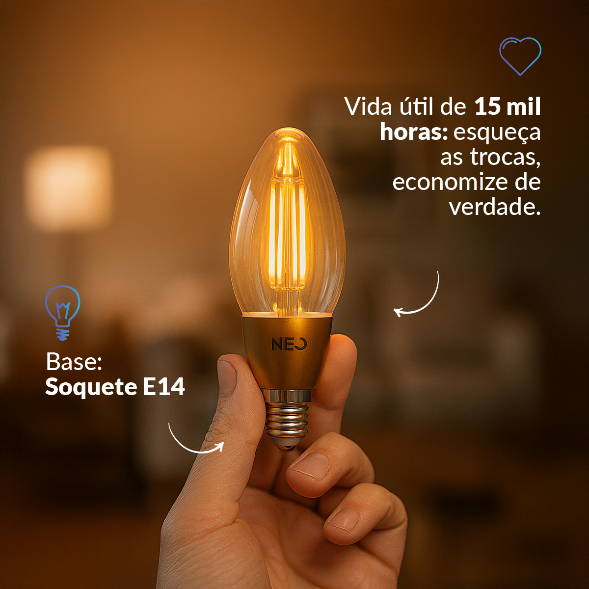 Lampada Led Vela Inteligente 5w 1800K/2700K Colorido E27 Bivolt IP20 Neo