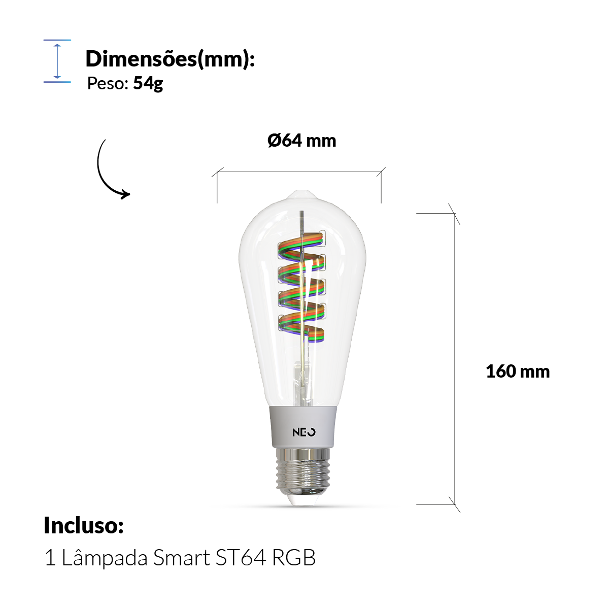 Lâmpada LED Smart Wifi RGB ST64 6W Dimerizável 2700K a 6500K E27 Bivolt Avant Neo
