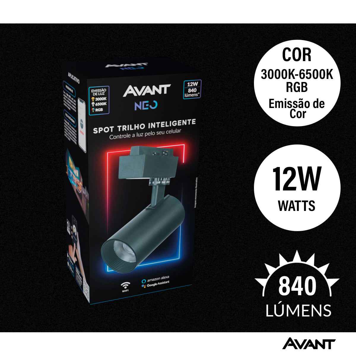 Spot Led Para Trilho Inteligente 12W RGB Bivolt IP20 Preto Avant Neo