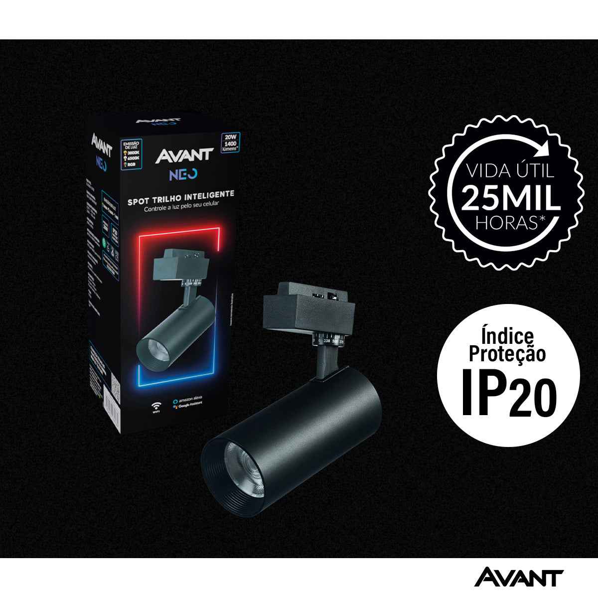 Spot Led Para Trilho Inteligente 20W RGB Bivolt Ip20 Preto Avant Neo