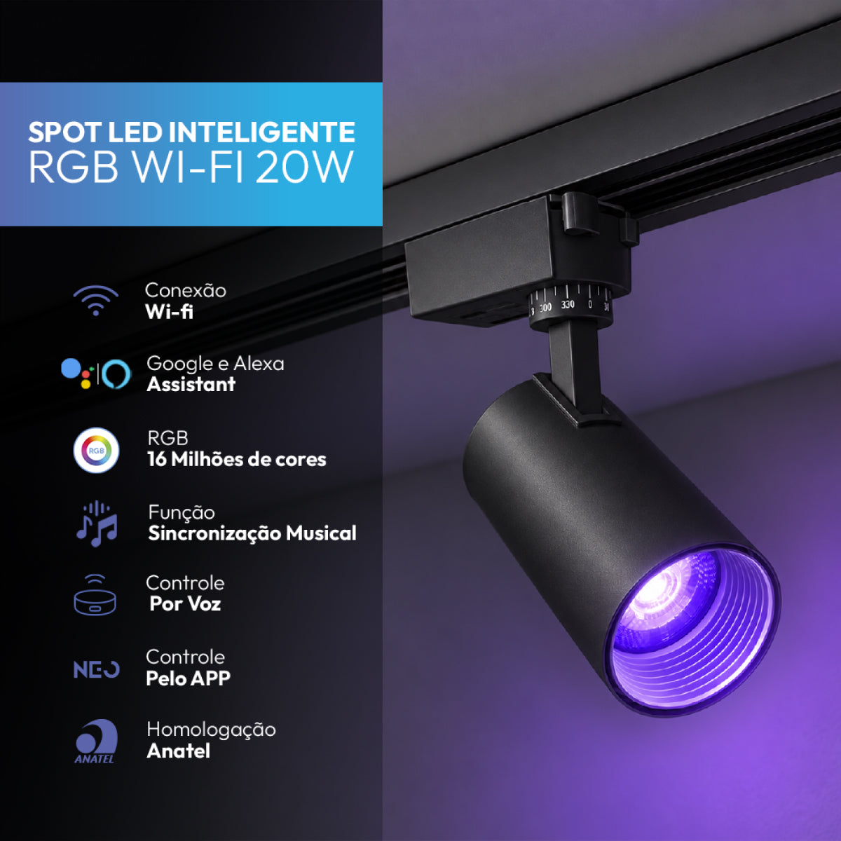 Spot Led Para Trilho Inteligente 20W RGB Bivolt IP20 Preto Neo - NEO Avant