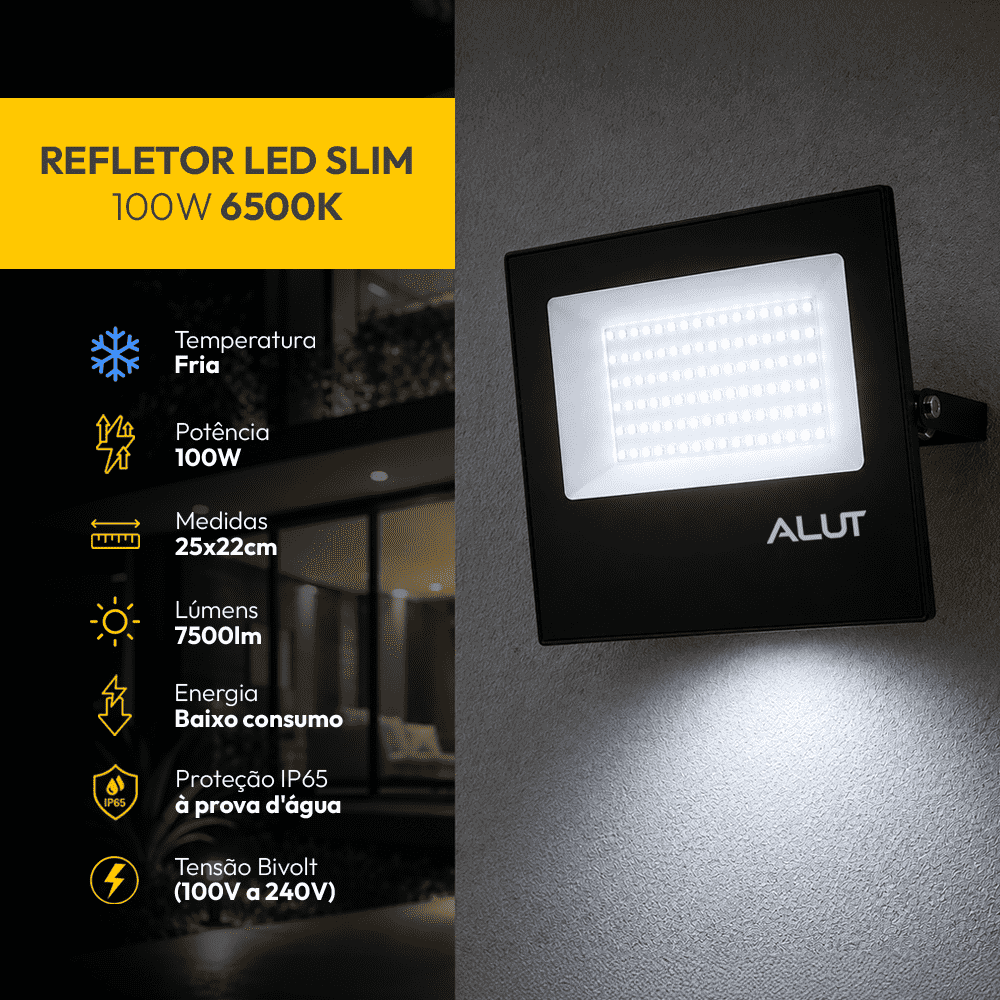 Refletor Led Slim 100w 6500k Branco Frio Bivolt IP65 Alut