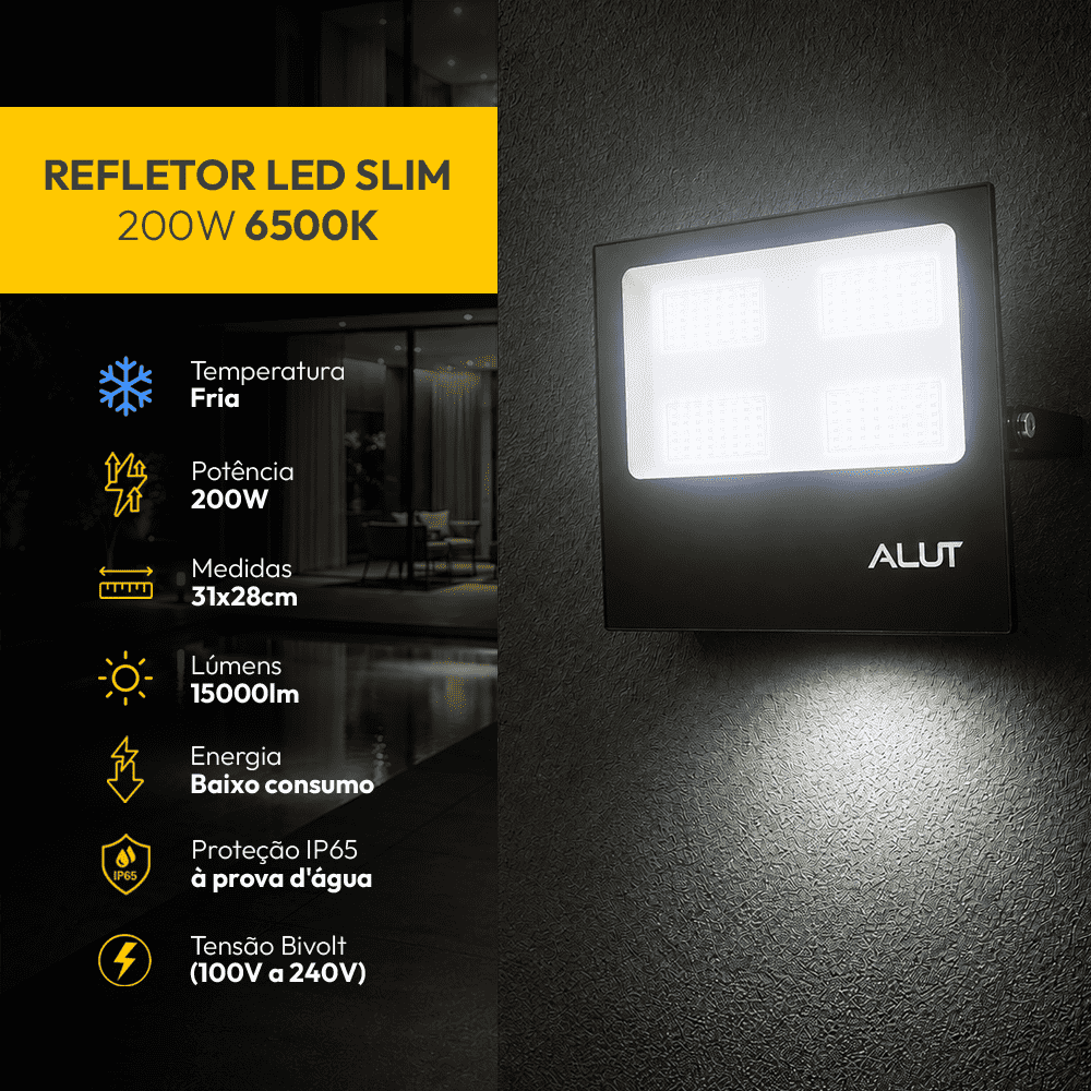 Refletor Led Slim 200w 6500k Branco Frio Bivolt IP65 Alut