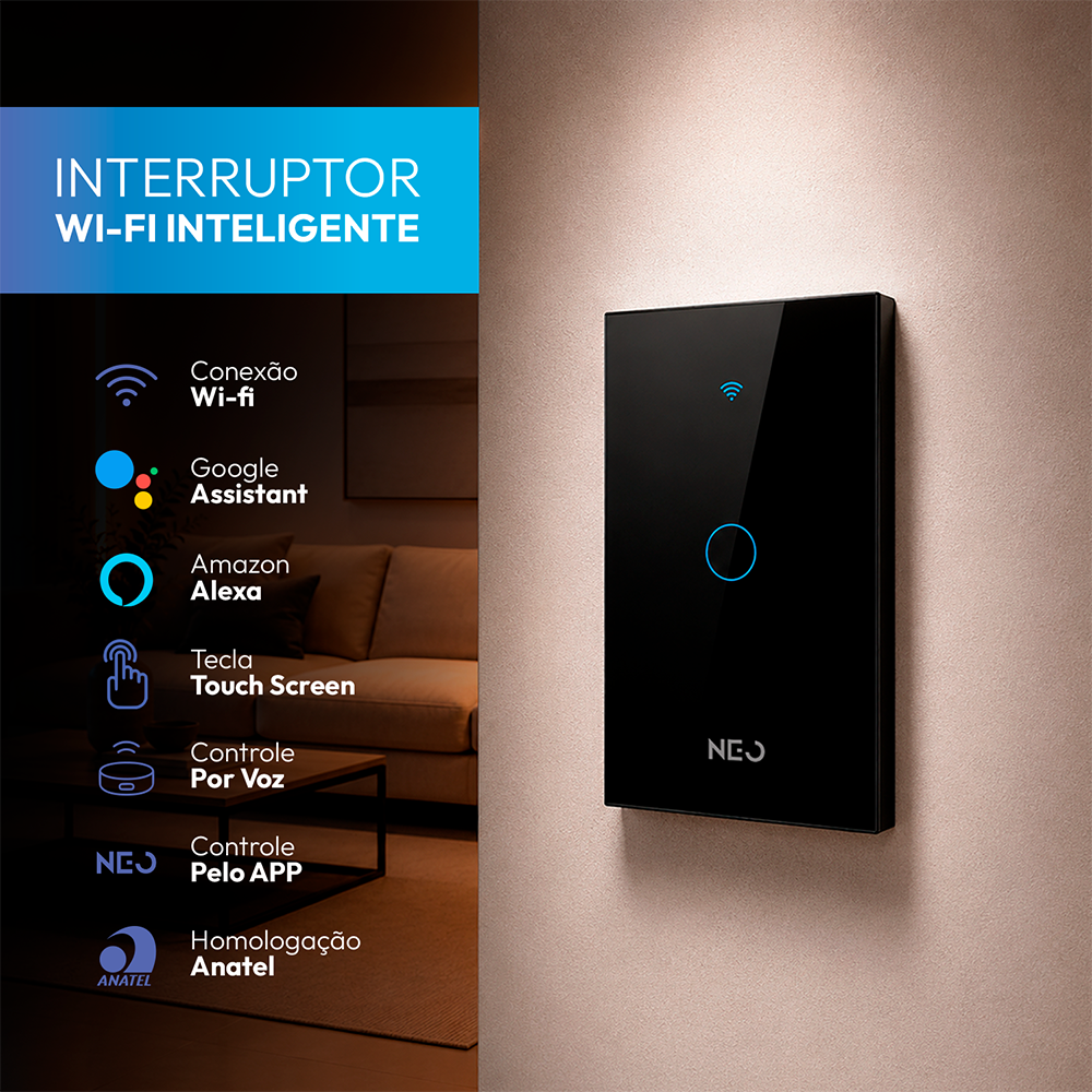 Interruptor Inteligente Wifi 1 Botão 4x2 Bivolt Preto Neo