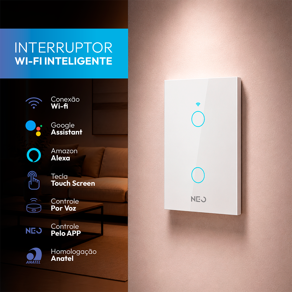 Interruptor Inteligente Wifi 2 Botões 4x2 Bivolt Branco Neo