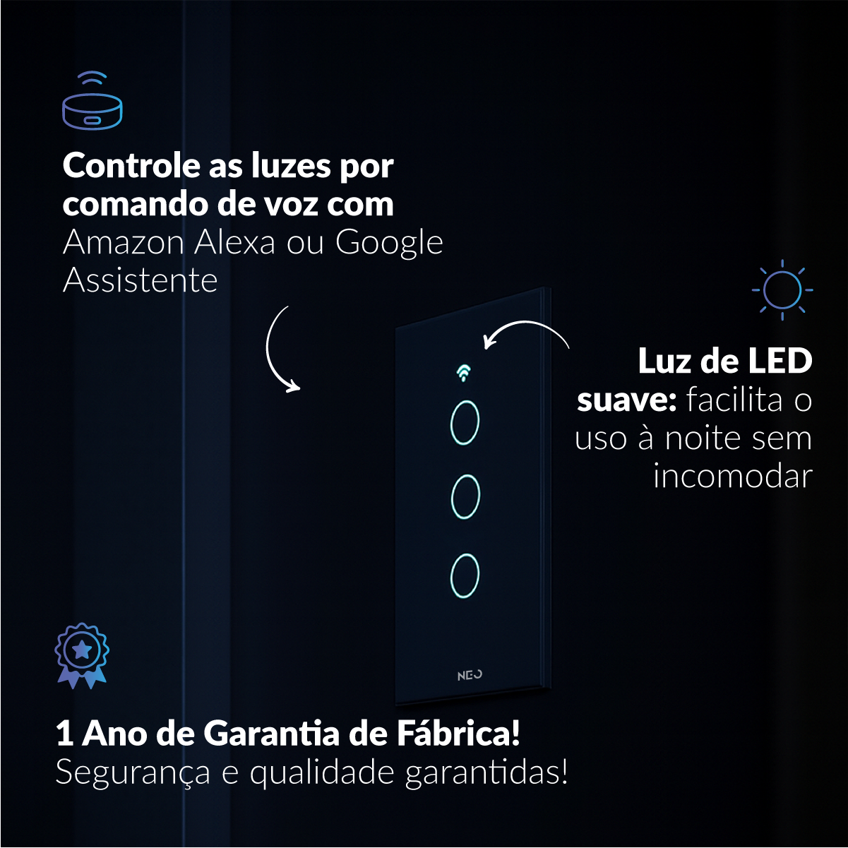 Interruptor Inteligente Smart Wi-fi 3 Botões 4x2 Bivolt Branco Neo Avant